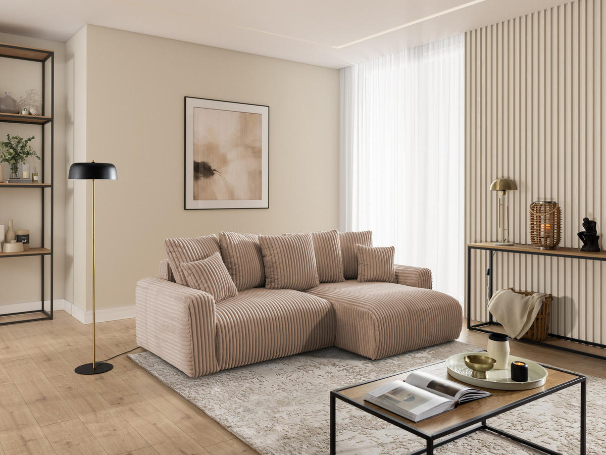 ECKSOFA Calma mit Schlaffunktion und Bettkasten im Bumpy-Design aus weichem Beige Plüschcord - Ottomane rechts - Beige/Schwarz, Holz/Kunststoff (140/239cm) - S-Style