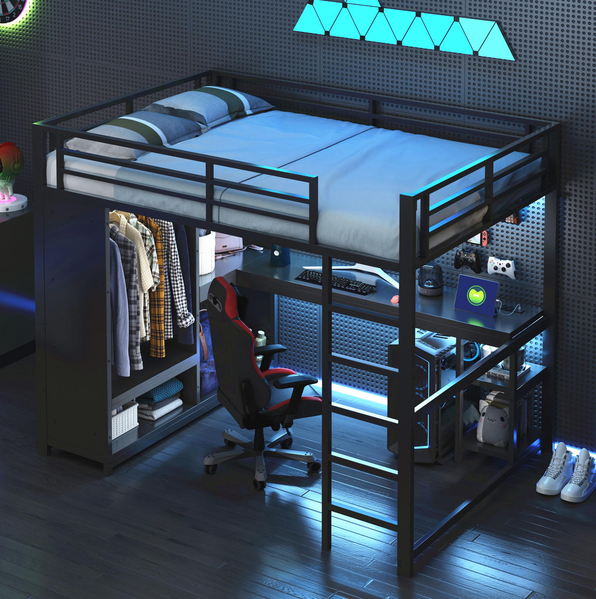 HOCHBETT 140/200 cm mit LED, Schreibtisch, offenem Kleiderschrank und Ablagen, Schwarz - Schwarz, Metall (140/200cm) - Redom