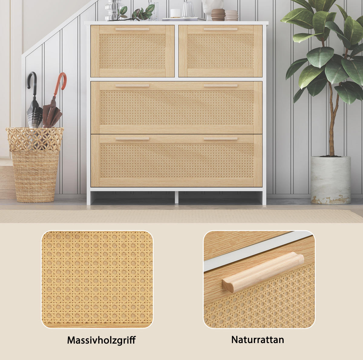 KOMMODE 80/38/80 cm in Natur/Weiß mit 4 Schubladen und Rattanfronten - Weiß, Holzwerkstoff (80/38/80cm) - Flora Grace