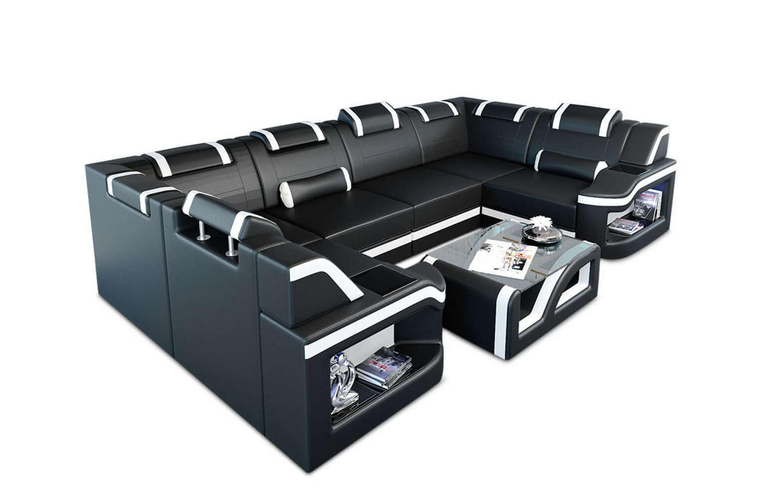 WOHNLANDSCHAFT Sofa Padua U Schwarz Weiß Echtleder - Schwarz, Leder (308/80/185cm)