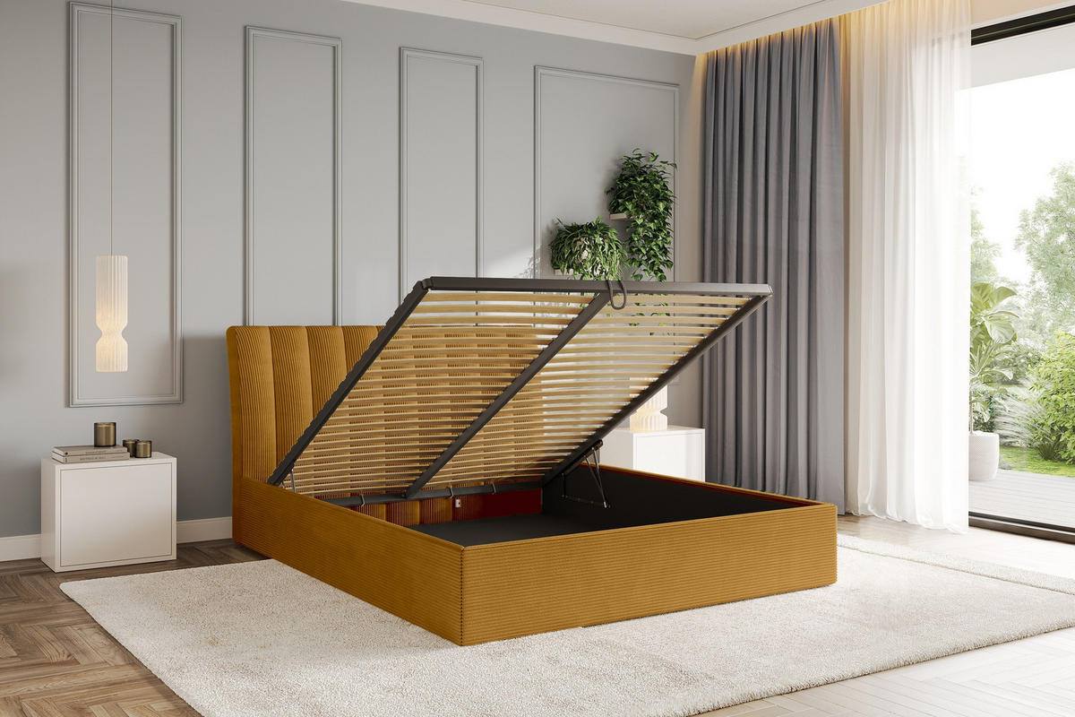 POLSTERBETT mit Bettkasten und Lattenrost, Boxbett ohne Matratze - ILAN 180x200 Senfgelb - Currygelb, Holzwerkstoff/Textil (180/200cm) - ALTDECOR
