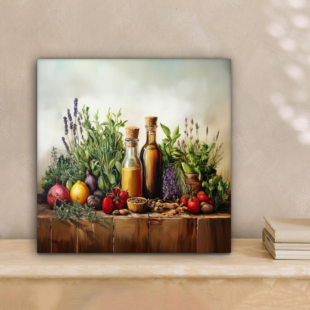 LEINWANDBILD Stilleben - Kräuter - Gewürze - Früchte - Farbenfroh Deko Wohnzimmer 20x20 cm - Grün, Textil (20/20cm) - MuchoWow