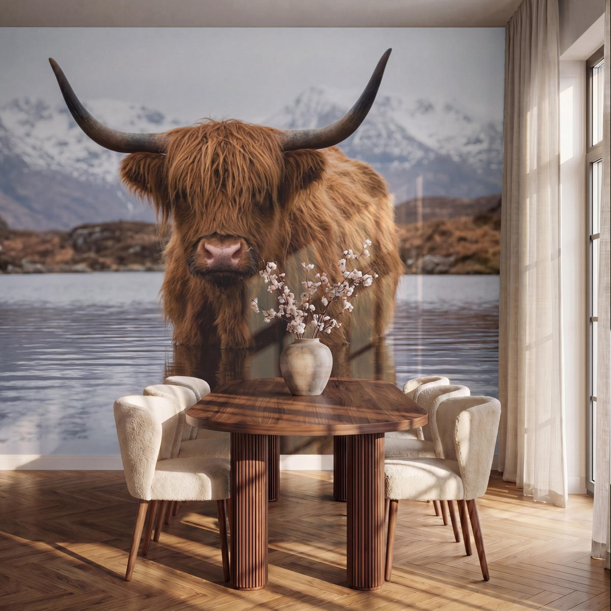 TAPETE - Schottischer Hochländer - Braun - Wasser - 350x300 cm - Braun, Papier (350/300cm) - OnlyWow