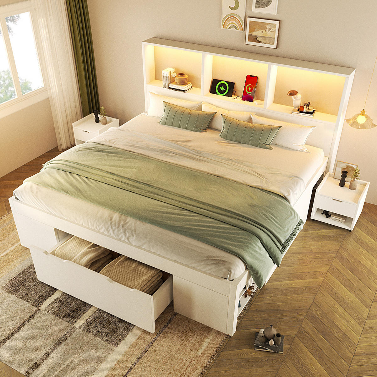 BETT 140/190 cm in Weiß mit Schublade, Regal, LED und USB - Weiß, Holzwerkstoff/Textil (140/190cm) - WISHDOR