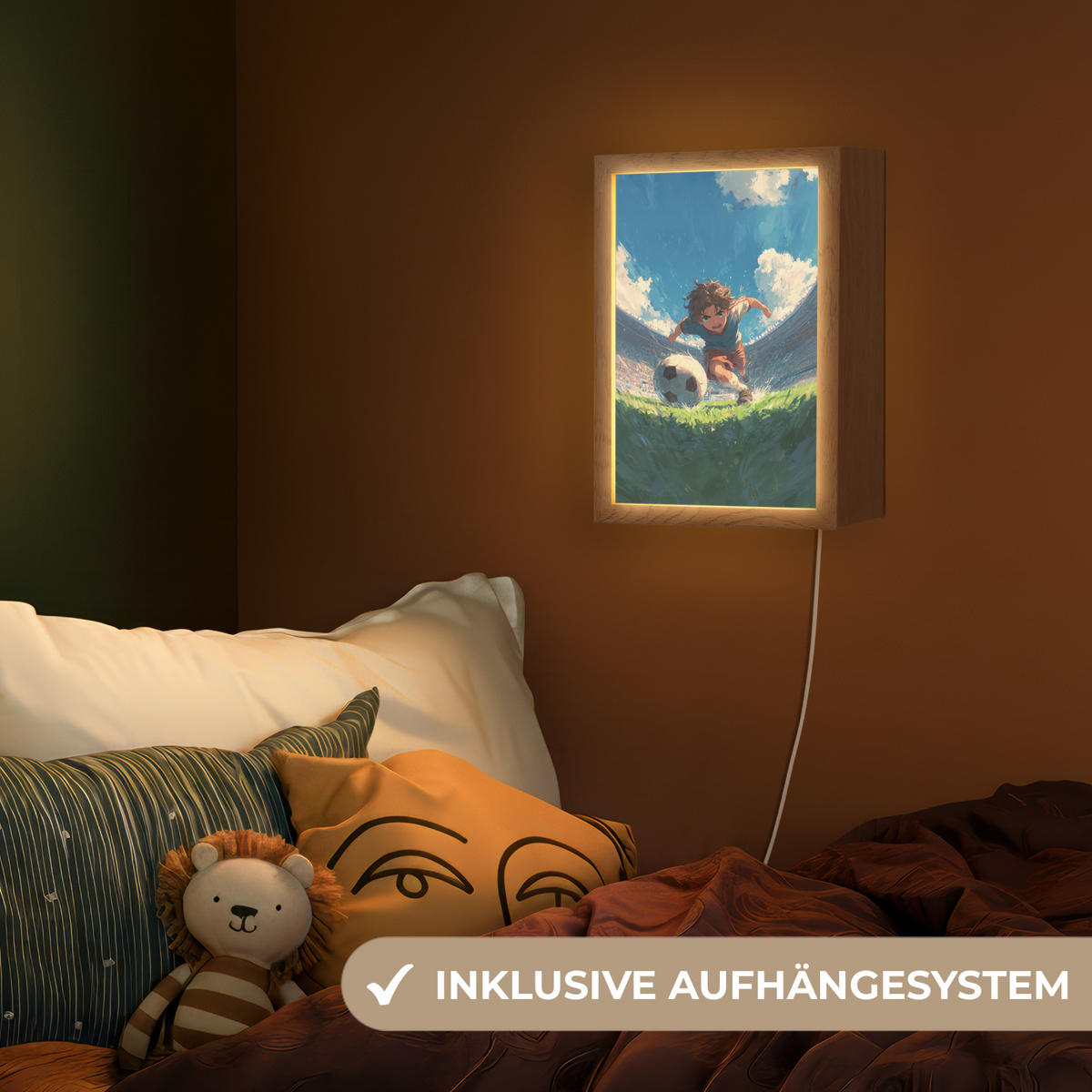 NACHTTISCHLAMPE Stadion - Fußballer - Ball 20x30 cm - Blau, Holzwerkstoff (8/20/30cm)