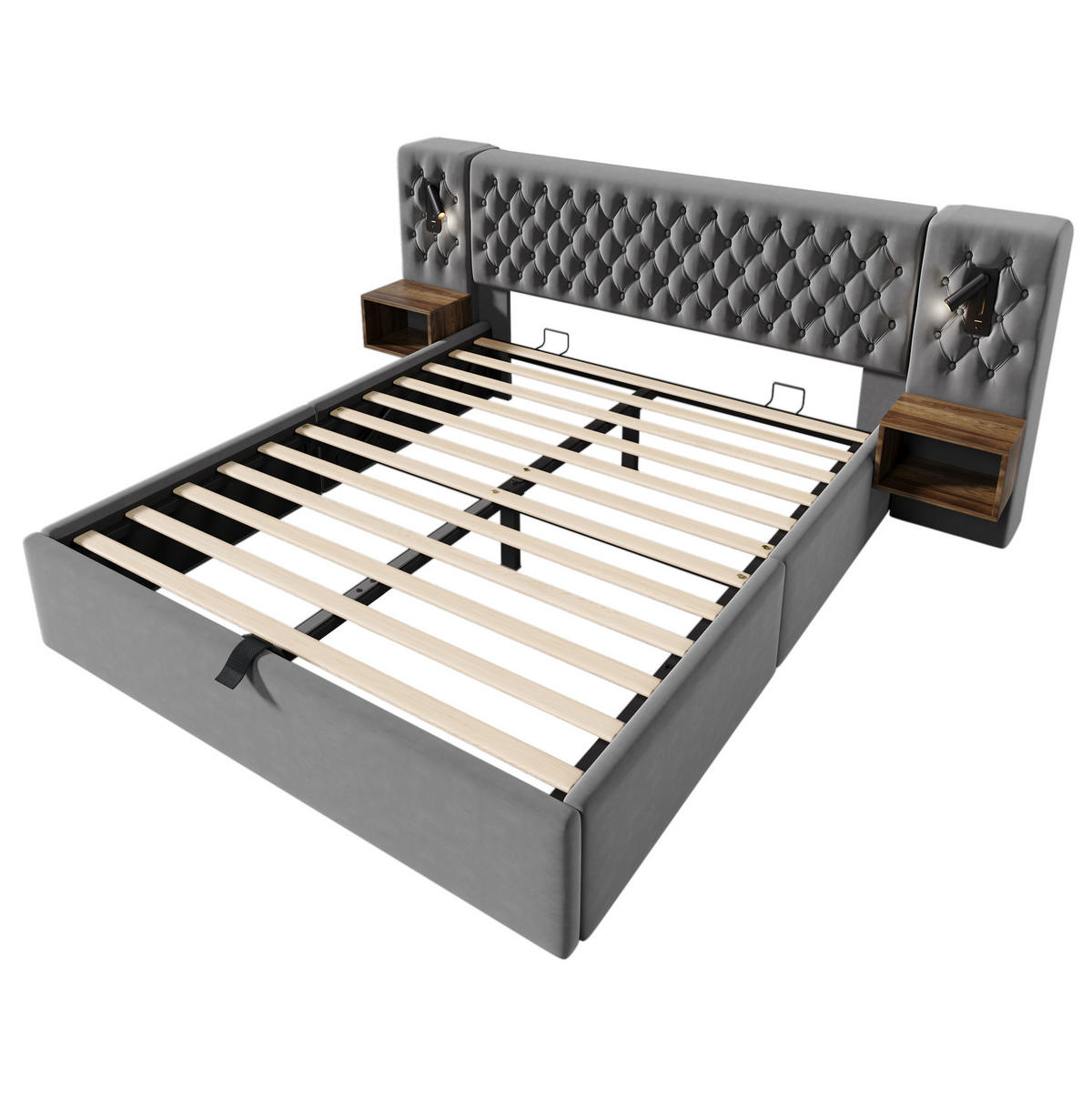 POLSTERBETT aus Samt 160x200 cm in Grau mit Stauraum & USB-C-Ladefunktion - Grau, Textil (160/200cm) - Modfu