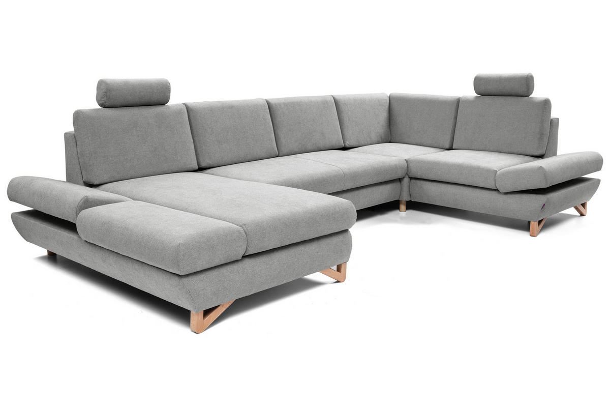 WOHNLANDSCHAFT CASA IV R-S Grau Plüsch-Stoff mit Schlaffunktion - Grau, Holz (344/100/199cm) - MASSENO