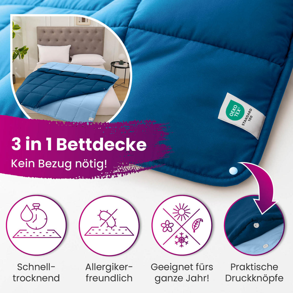 4-JAHRESZEITEN Steppbett Bi-Color im Wende-Design blau 135x200 - Blau, Textil (135/200cm) - wometo