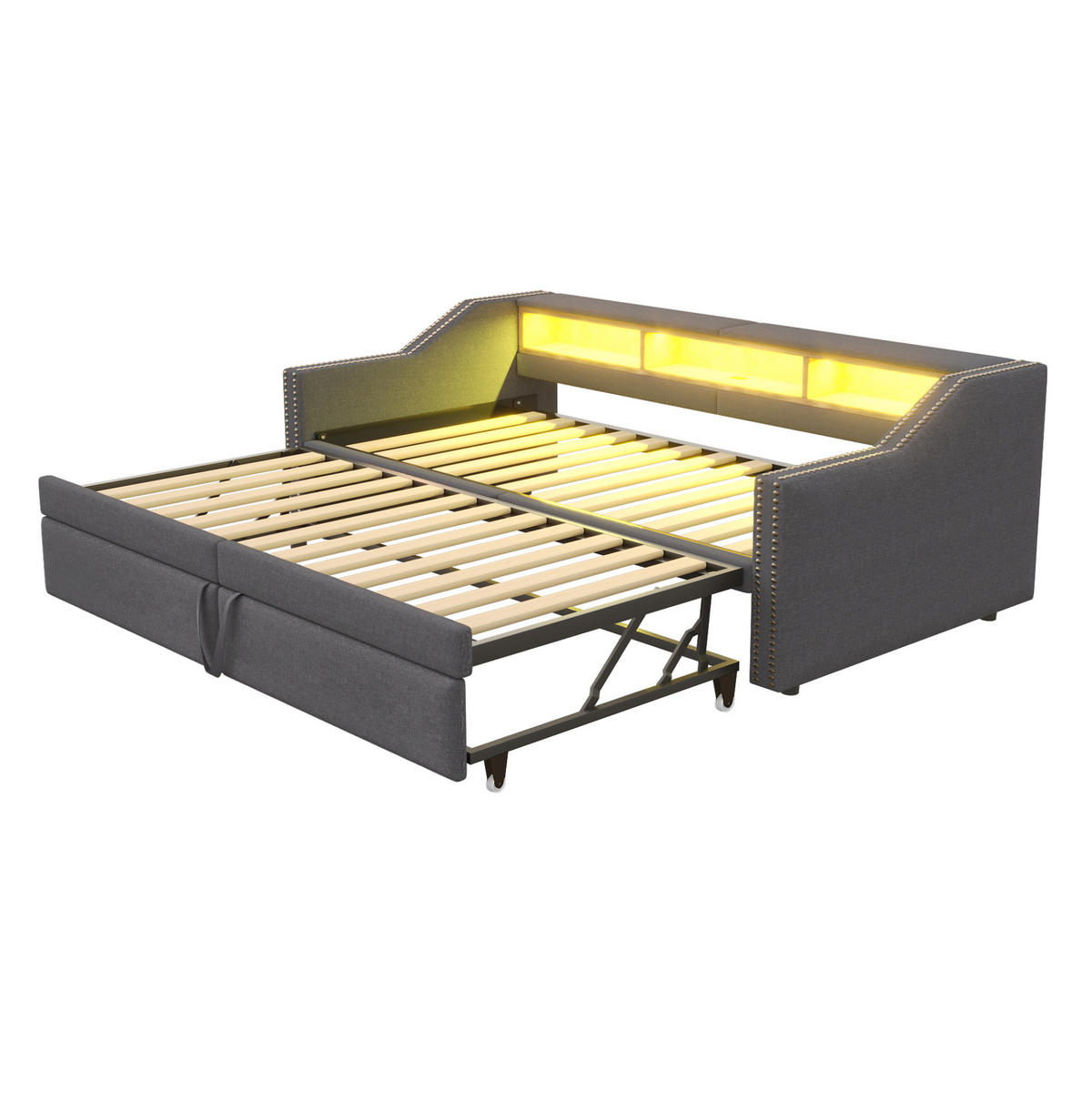 POLSTERBETT aus Leinen 90/180x200 cm Dunkelgrau mit Ausziehbett, LED, USB und Ablagefächern - Dunkelgrau, Textil (90/190cm) - Modfu
