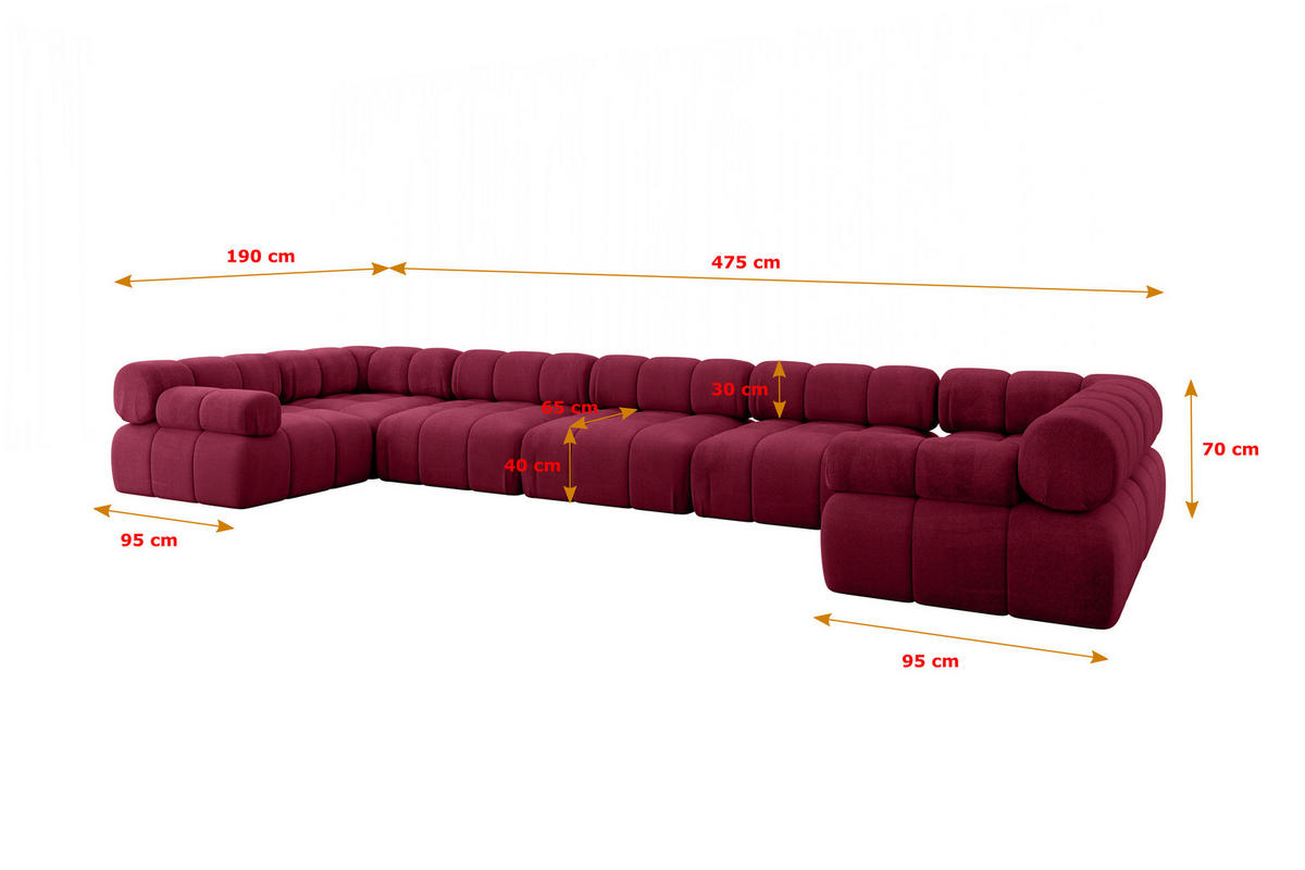 WOHNLANDSCHAFT modulares Sofa Birno-U3 - 475x190x70 cm Bordeauxrot Velours - Bordeaux, Holzwerkstoff/Textil (475/70/190cm) - ALTDECOR