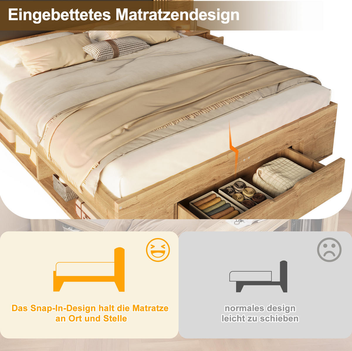 MLADINSKA postelja iz MDF, 180/200 cm, naravna, s shranjevalnimi prostori in lučmi - naravne barve, leseni material (180/200cm) - Modenvie