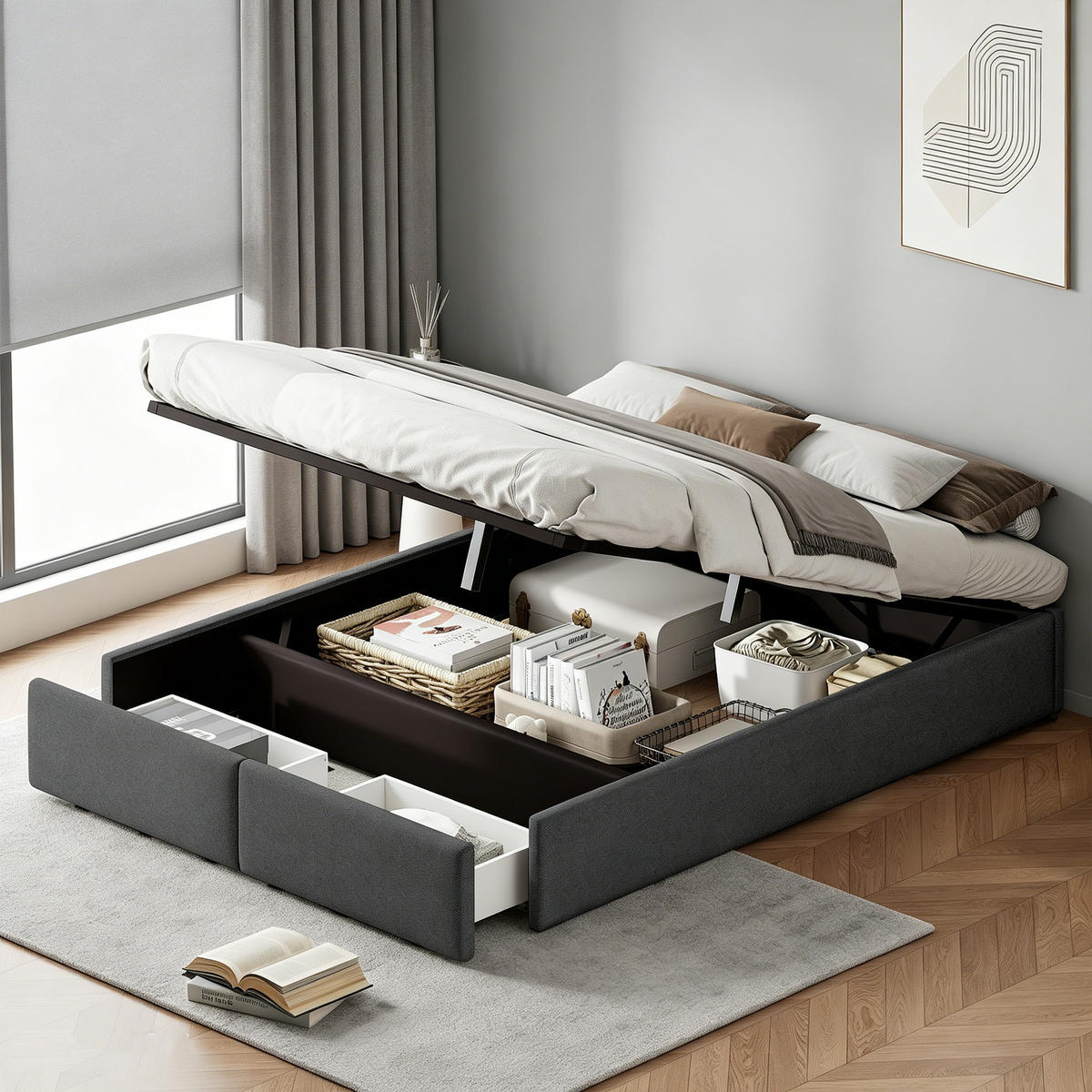 POLSTERBETT 140x200 mit stauraum, bettgestell mit 2 Schublade, Bettkasten, Lattenrost, ohne Kopfteil, Leinenstoff, grau - Dunkelgrau, Holz/Textil (140/200cm) - GENKI LIVING