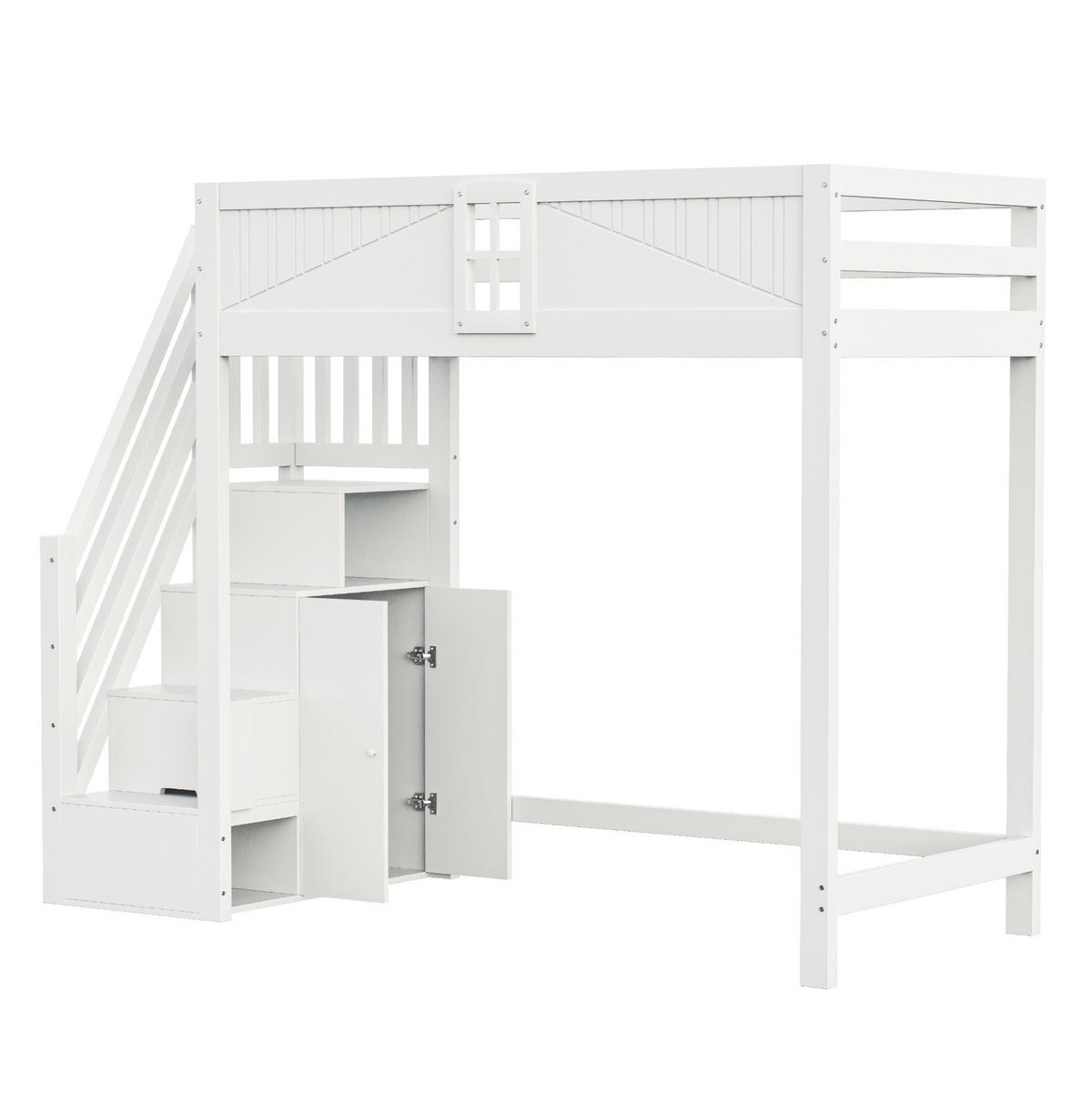 HOCHBETT 90/200 cm mit Sicherheitsumrandung, Fensterdesign und Leiter mit Ablage, Weiß - Weiß, Holzwerkstoff (90/200cm) - Redom