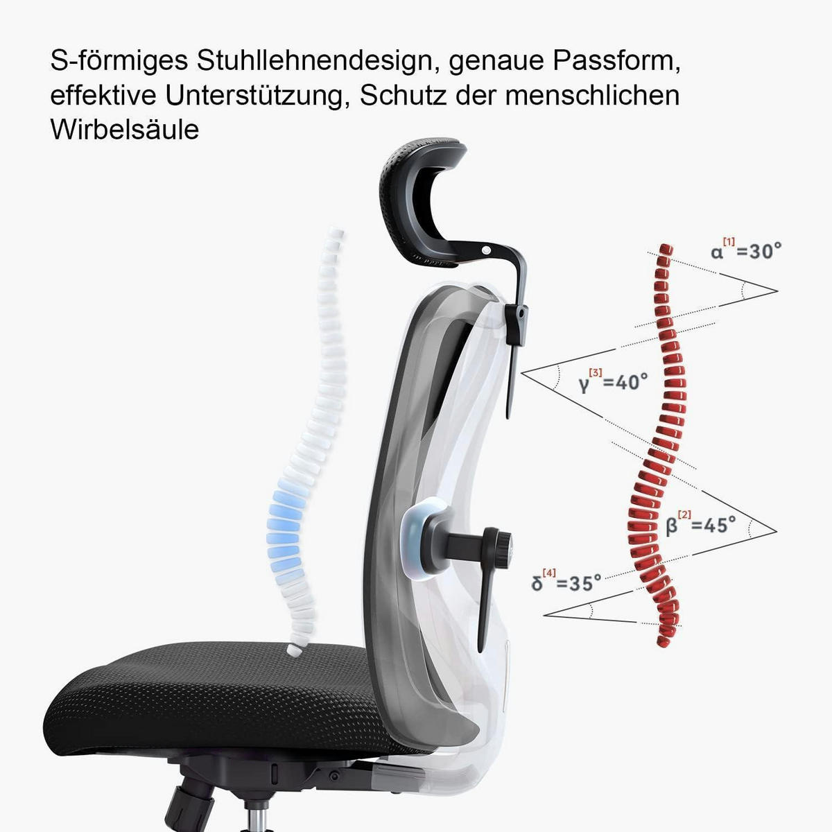 ERGONOMISCHER Bürostuhl mit verstellbarer Lordosenstütze und Kopfstütze - Schwarz, Textil (53.3/27.9/69.9cm)