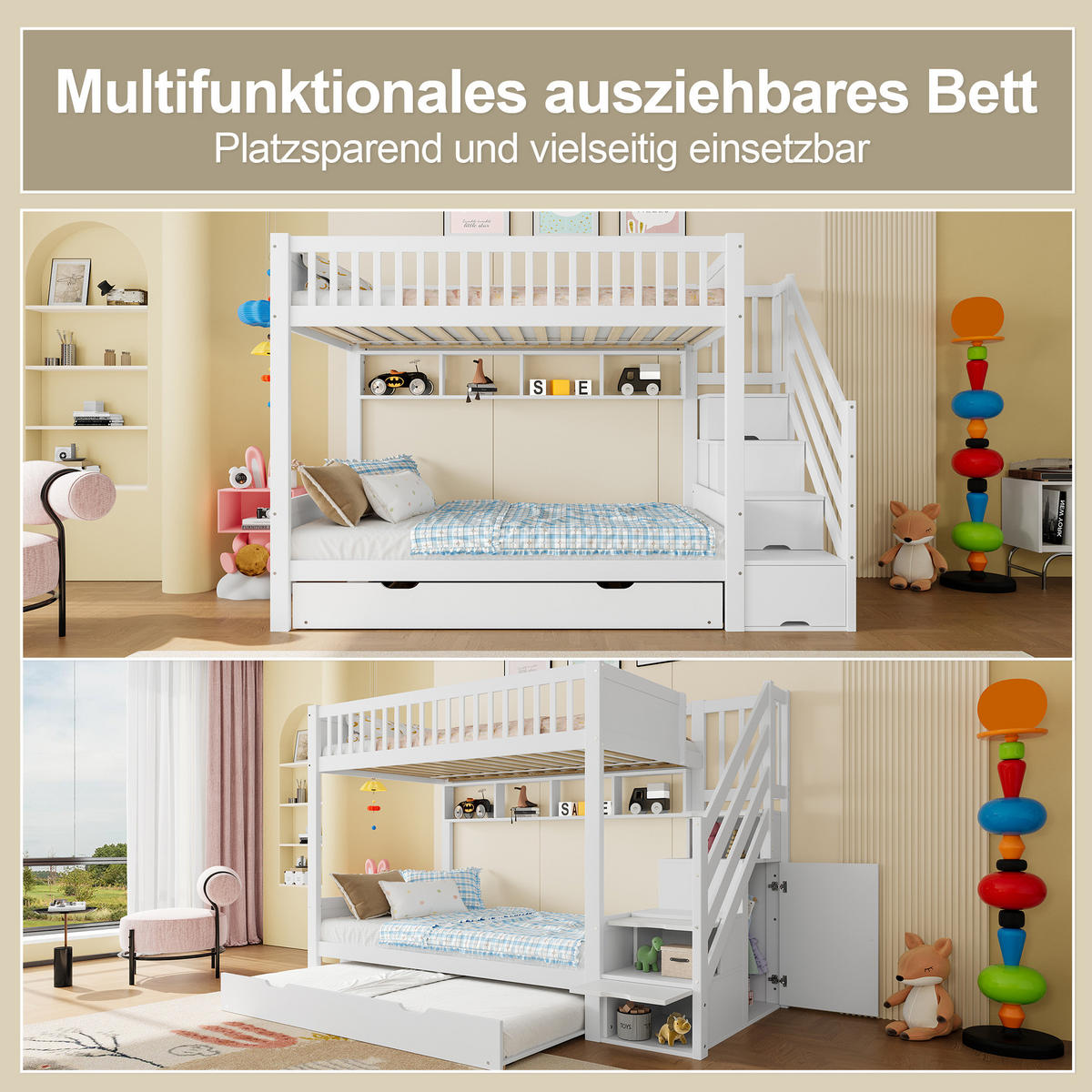ETAGENBETT 90/200 cm in Weiß mit Ausziehbett, Kleiderschrank und Stauraum - Weiß, Holz (90/200cm) - OKMYHOME