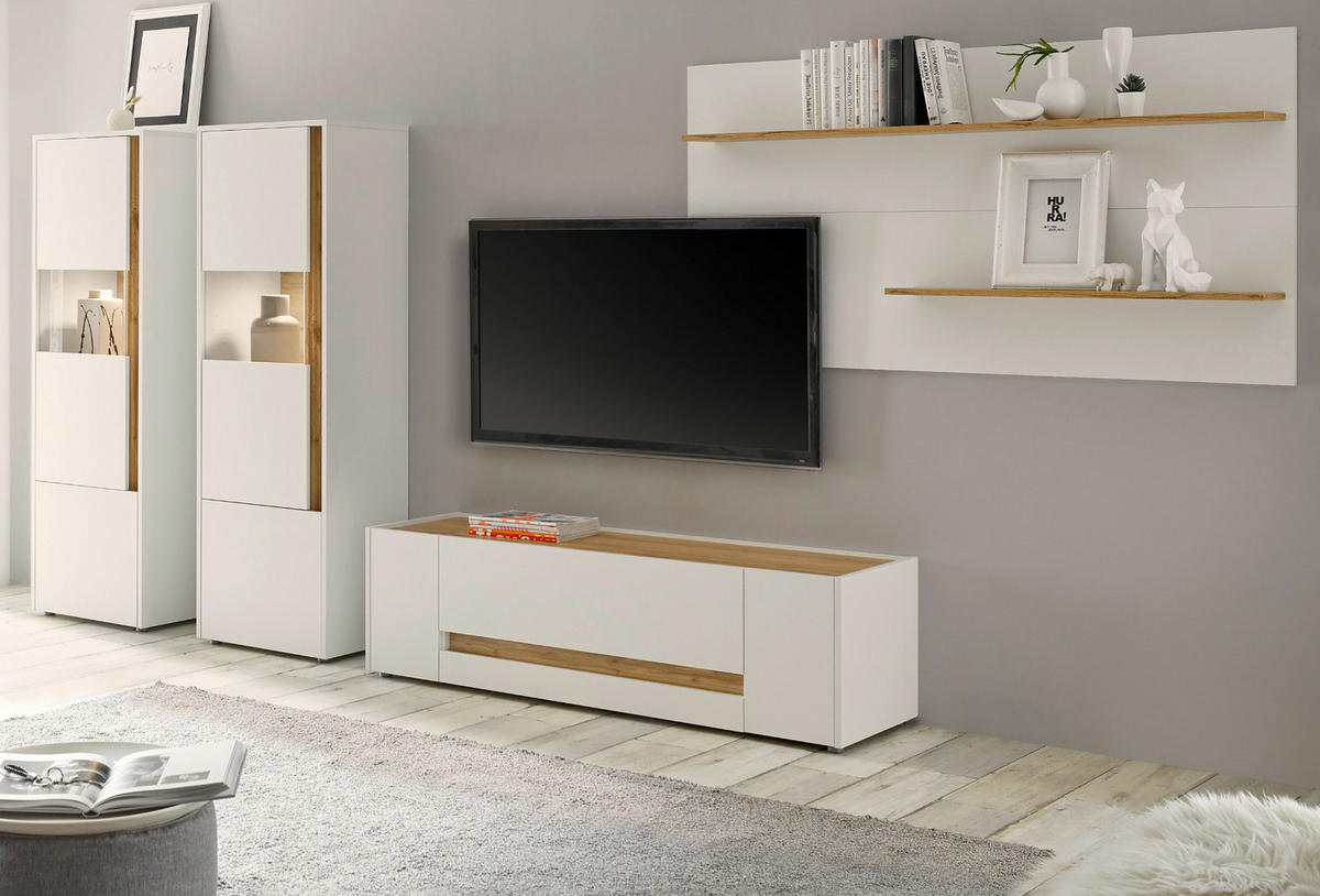 WOHNWAND 4-teilig weiß, Eiche Wotan 340 cm, Schrankwand mit 10 Fächern - Eiche Wotan/Schwarz, Glas/Holz (340/170/45cm) - Furn.Design