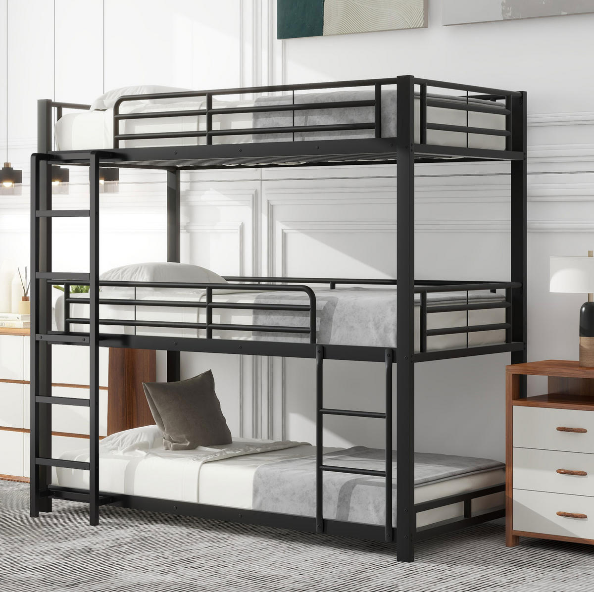 DREIFACH-ETAGENBETT aus Metall 90x200 cm Schwarz mit Sicherheitsgeländern und Leiter - Schwarz, Metall (90/200cm) - Modfu