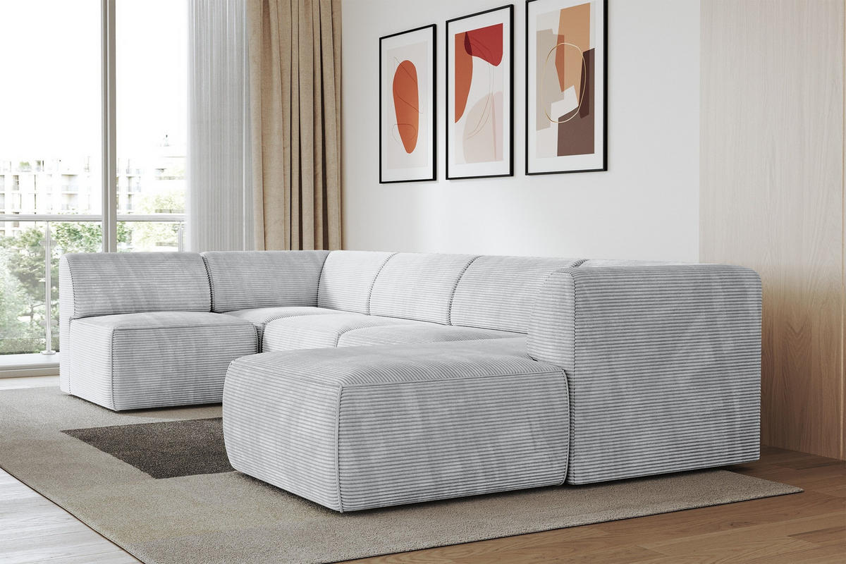 WOHNLANDSCHAFT Ottomane Rechts MOVA 345x180x78 Grau Cord - Schwarz/Alufarben, Holzwerkstoff/Kunststoff (345/78/180cm) - ALTDECOR