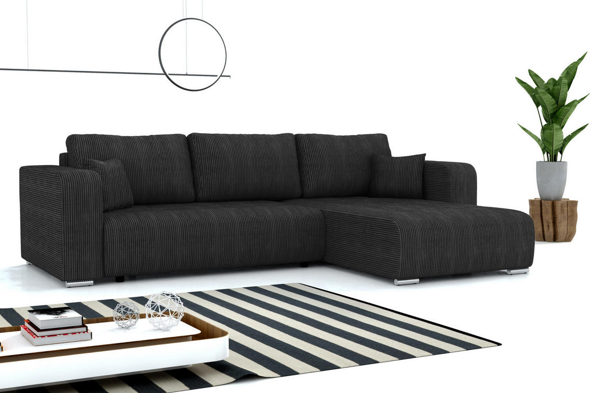 ECKSOFA CARACAS 288/185 in Cord Schwarz mit Schlaffunktion rechts - Schwarz, Holz/Holzwerkstoff (288/185cm) - Deine Möbel 24
