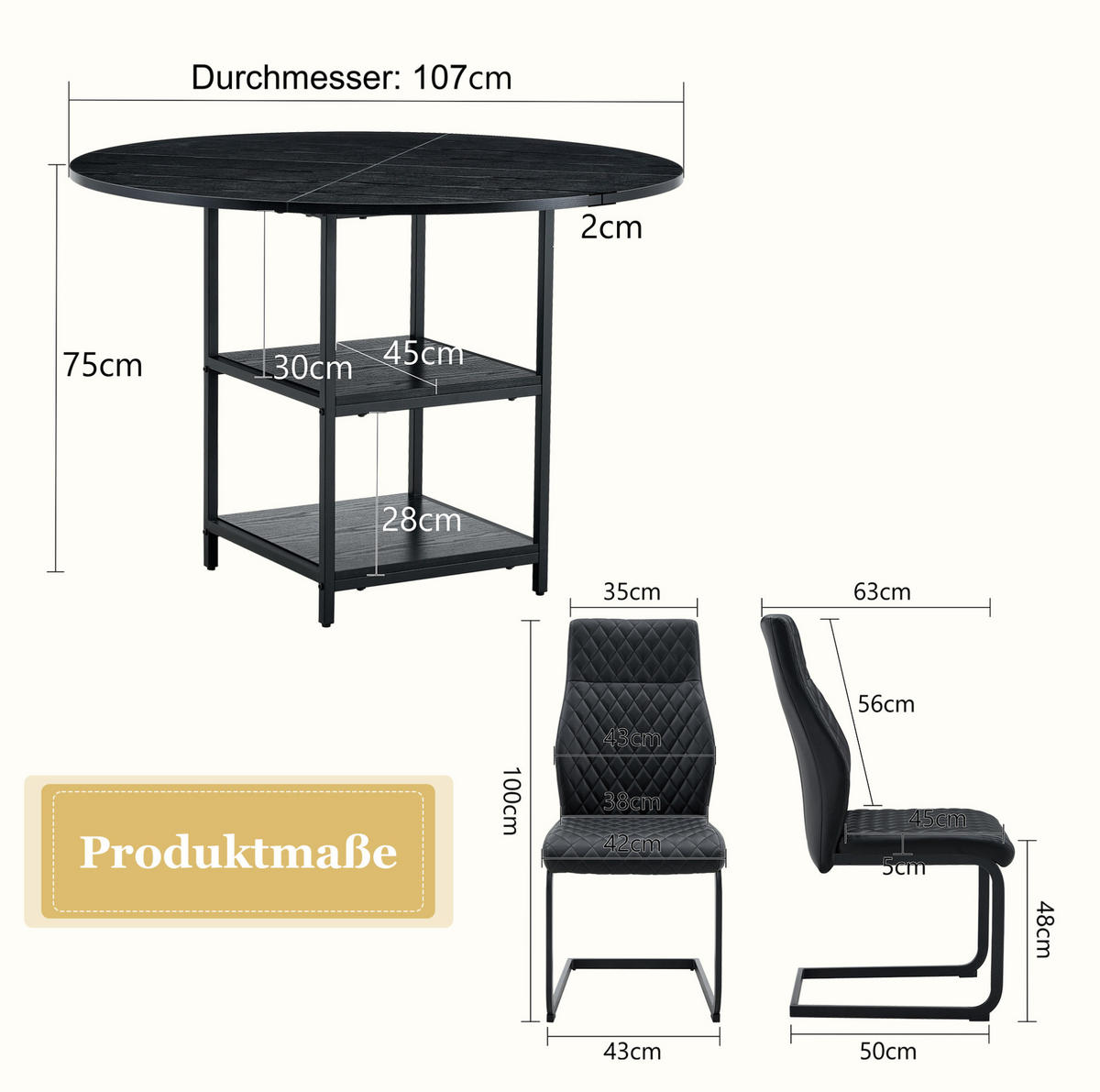 ESSTISCH-SET 4er-Set rund 107 cm Schwarz MDF Metall - Schwarz, Metall (107/75/107cm) - Meubliv