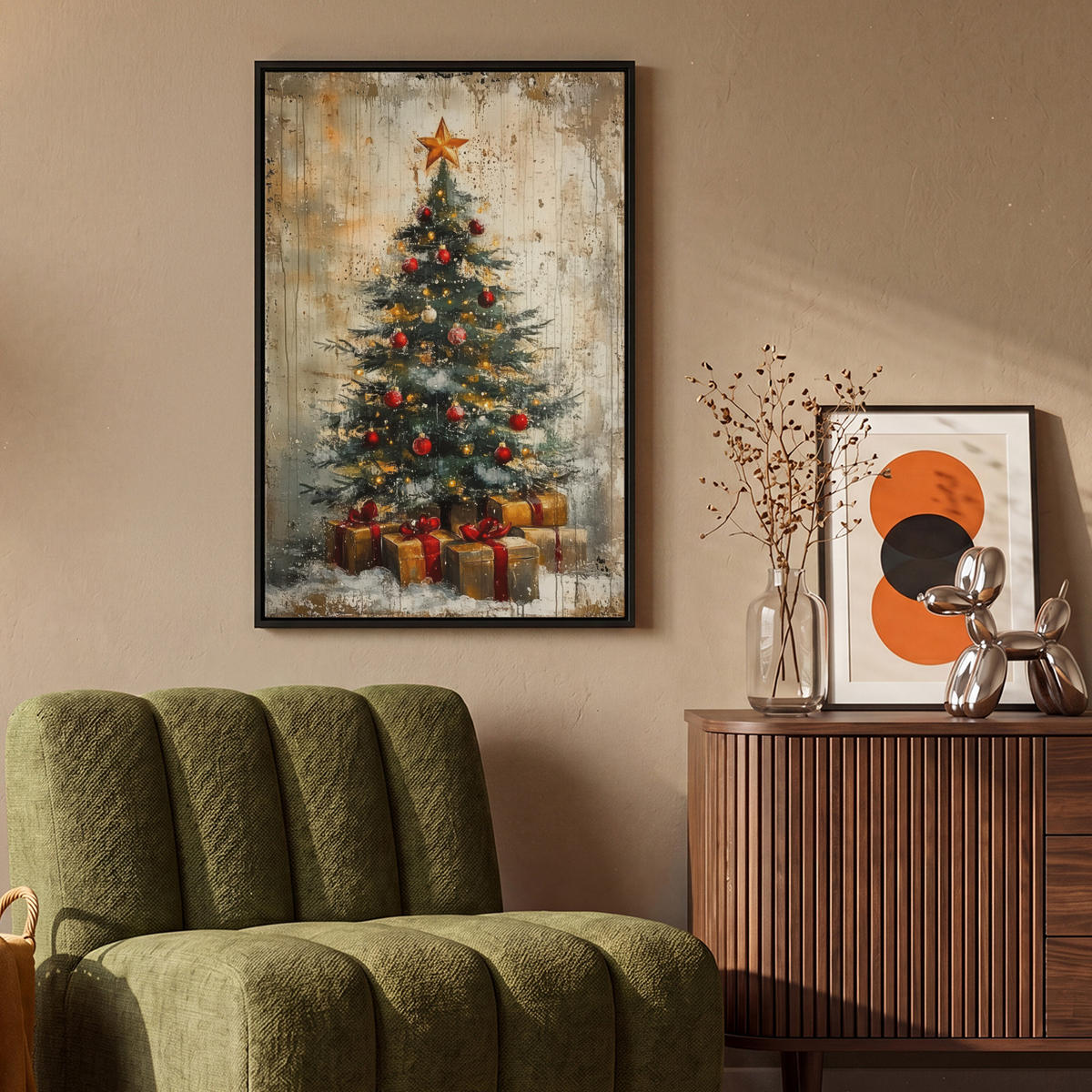 LEINWAND Bilder mit Rahmen - Weihnachtsbaum - Vintage - Weihnachten - Geschenk - 60x90 - Rostfarben, Textil (60/90cm) - MuchoWow