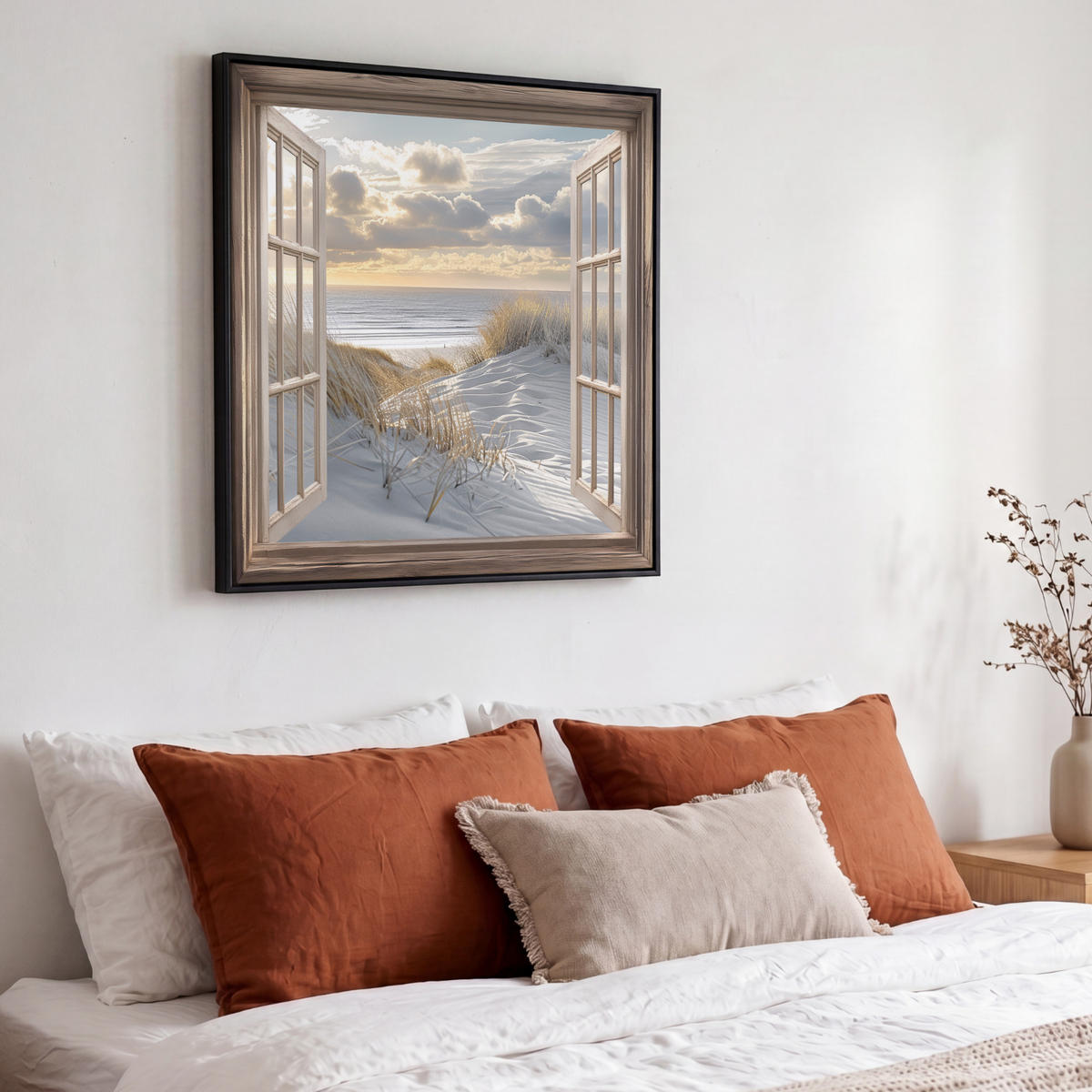 LEINWAND Bilder mit Rahmen - Ausblick - Strand - Dünen - Meer - Natur - 50x50 - Sandfarben, Textil (50/50cm) - MuchoWow