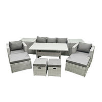 GARTENSET mit Esstisch,Sofa,3 Fußhocker, 2 Beistelltischen,2 Stühle Polyrattan Hellgrau 9-Sitzer - Hellgrau/Grau, Glas/Kunststoff - Fimous