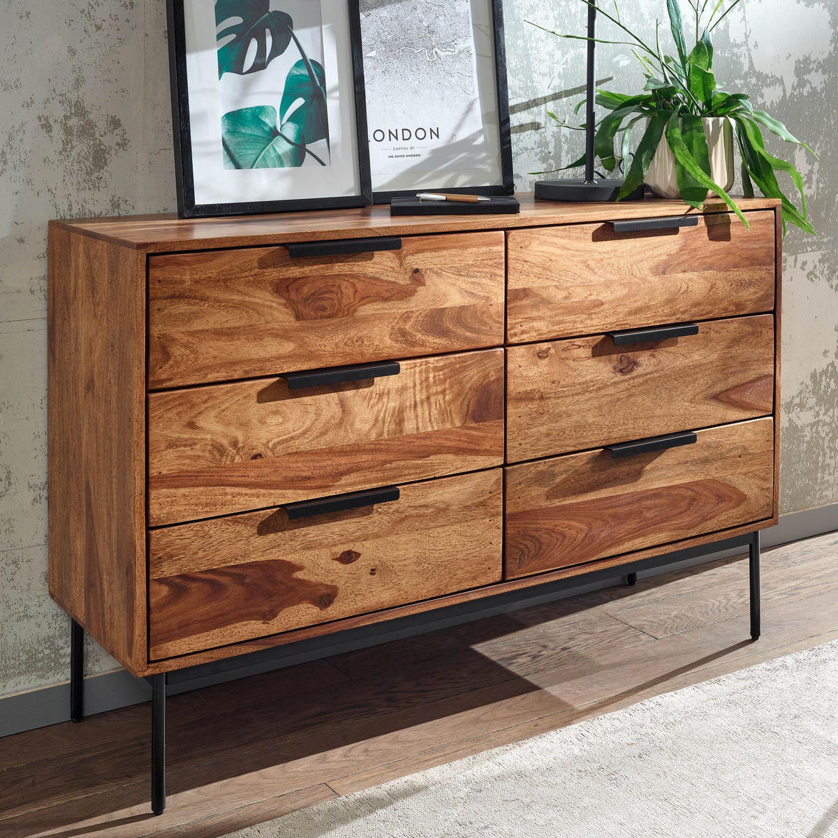 KOMMODE – Massivholz/Metall, 117x80x42 cm, 6 Schubladen, Industrial-Stil - Schwarz/Braun, Holz/Metall (117/80/42cm) - KADIMA DESIGN