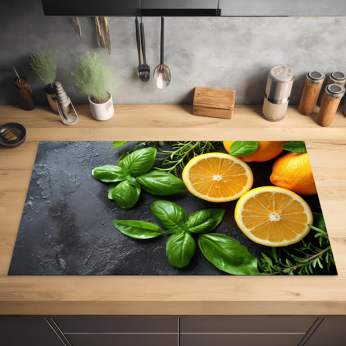 HERDABDECKPLATTE Obst - Grau - Konkret - Orange - Pflanzen Ceranfeldabdeckung 90x52 cm - Anthrazit, Kunststoff (90/52/0.2cm) - MuchoWow
