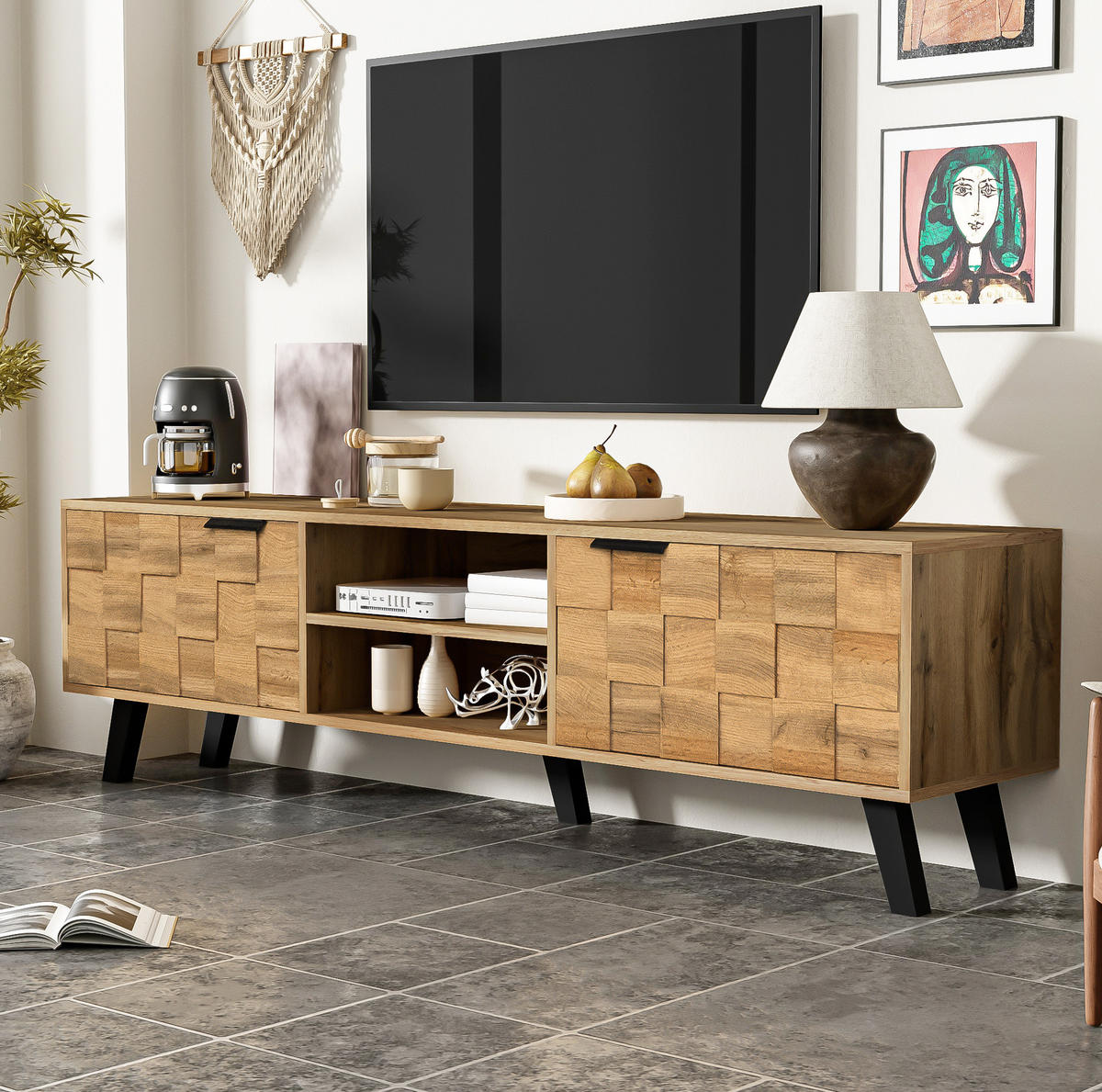 LOWBOARD 160,5/35,5/45 cm aus Spanplatte mit 2 Türen und 2 offenen Fächern Holzfarbe - Naturfarben, Holzwerkstoff (160.5/45/35.5cm) - Modenvie