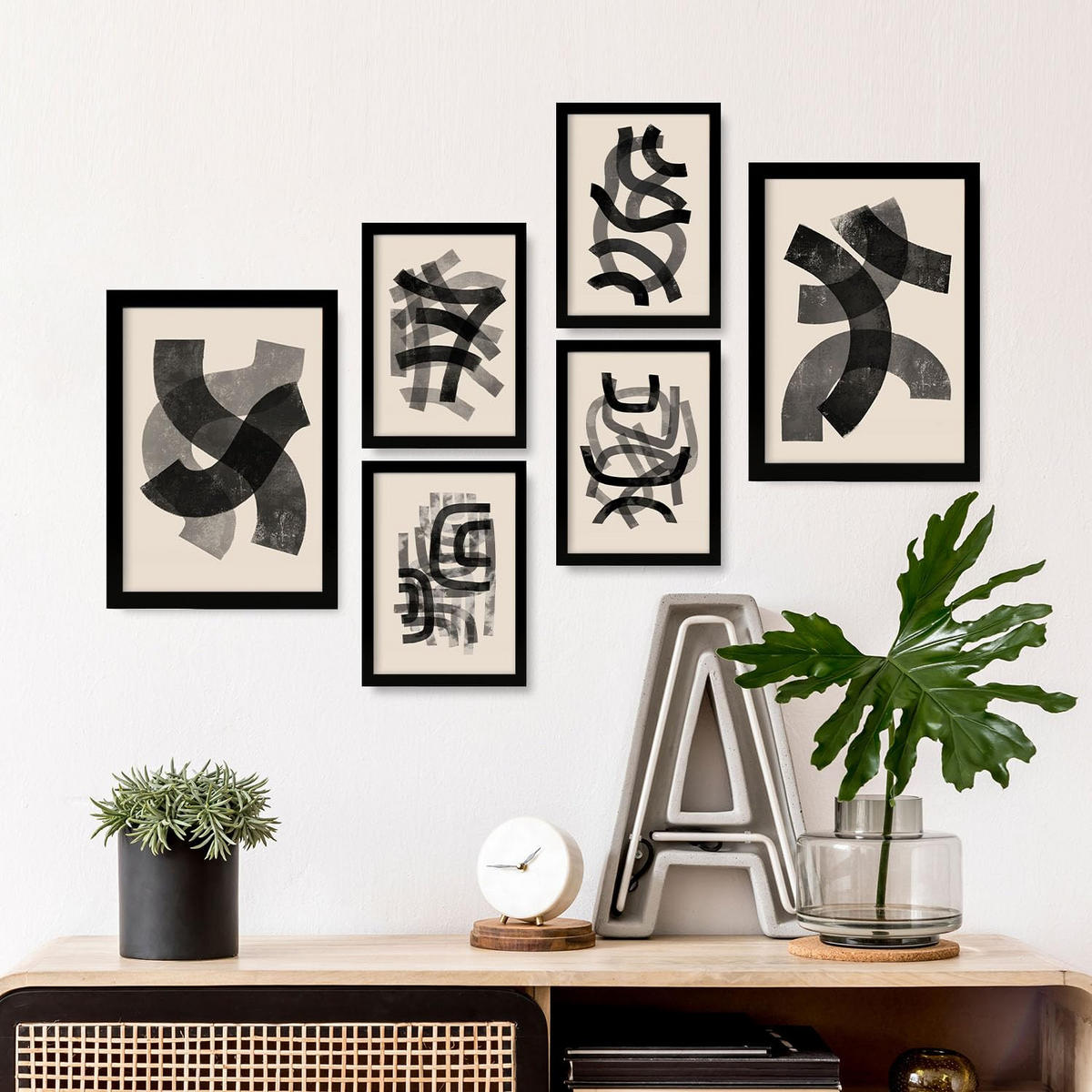 POSTER Set Mit 6 Gekrümmte Frames 1 In Form Abstracts Ästhetische Dekorative Gemälde Für Ihr Wohnzimmer Schlafzimmer Zuhause A3 & A4 Schwarzer Rahmen - Schwarz, Papier (29/3cm) - Nacnic