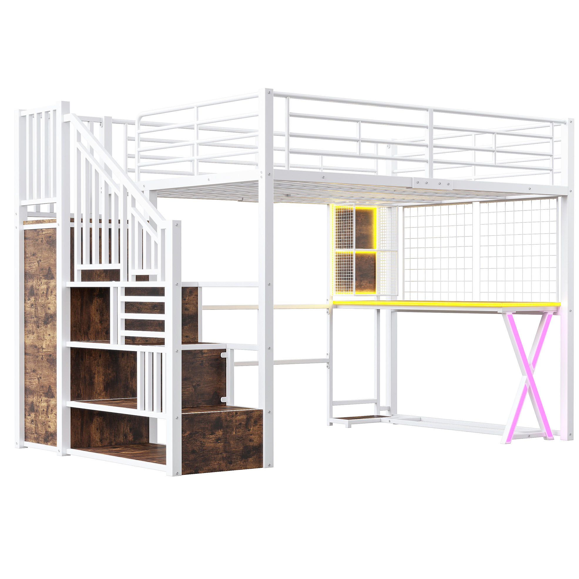 HOCHBETT 140/200 cm Weiß mit LED-Beleuchtung, Schreibtisch und Kleiderschrank - Weiß, Metall (140/200cm) - Flora Grace