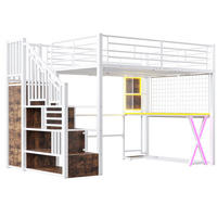 HOCHBETT 140/200 cm Weiß mit LED-Beleuchtung, Schreibtisch und Kleiderschrank - Weiß, Metall (140/200cm) - Flora Grace