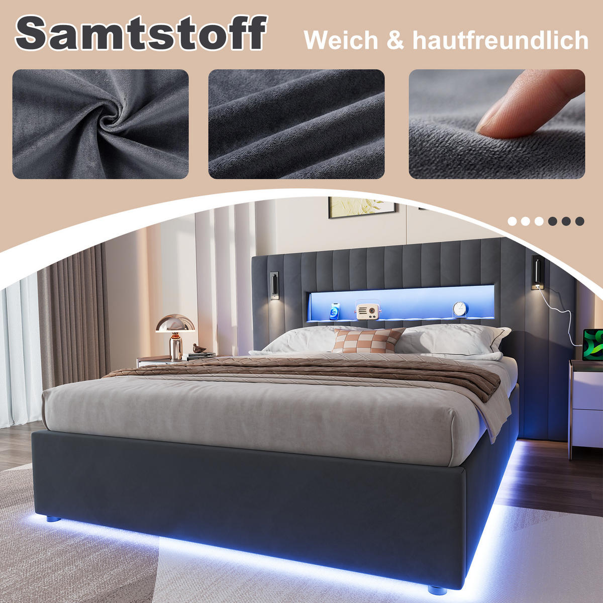 ČALÚNENÁ posteľ 140/200 cm tmavosivá zo zamatu s hydraulickým úložným priestorom, LED čítacími lampami a USB konektormi - tmavosivá, textil (140/200cm) - Modfu