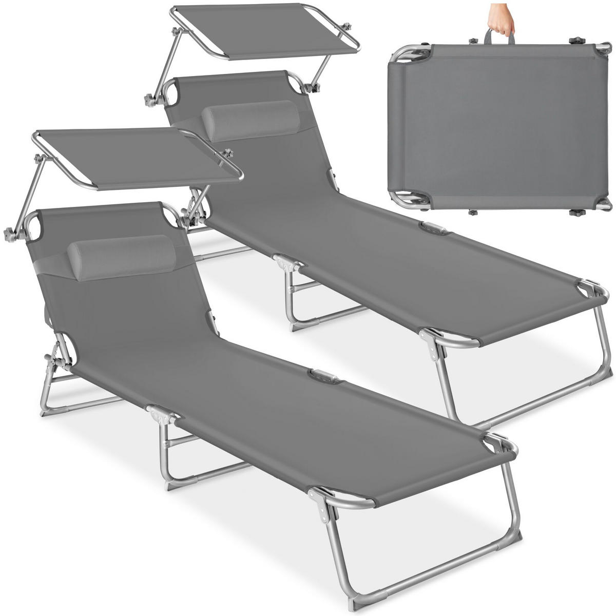 SONNENLIEGE 2er Set Chloé, 190 x 68 x 111 cm, mit Seitentasche, grau - Grau, Kunststoff (68/65/190cm) - tectake