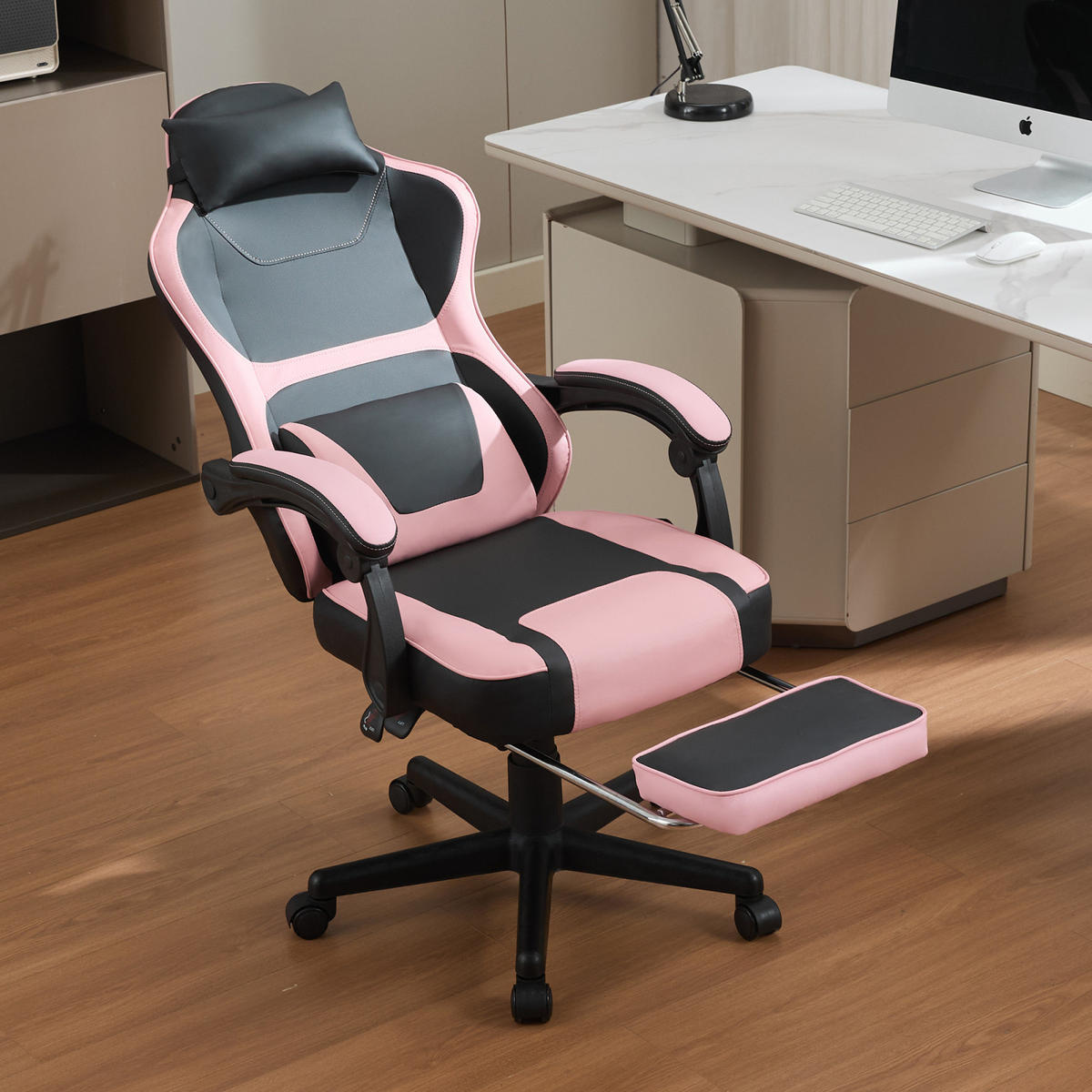 GAMING-STUHL schwarz-pink ergonomisch mit ausziehbarer Fußstütze, Nacken- und Lendenkissen, höhenverstellbar - Pink, Leder (54/116/61cm) - BRILVERDE