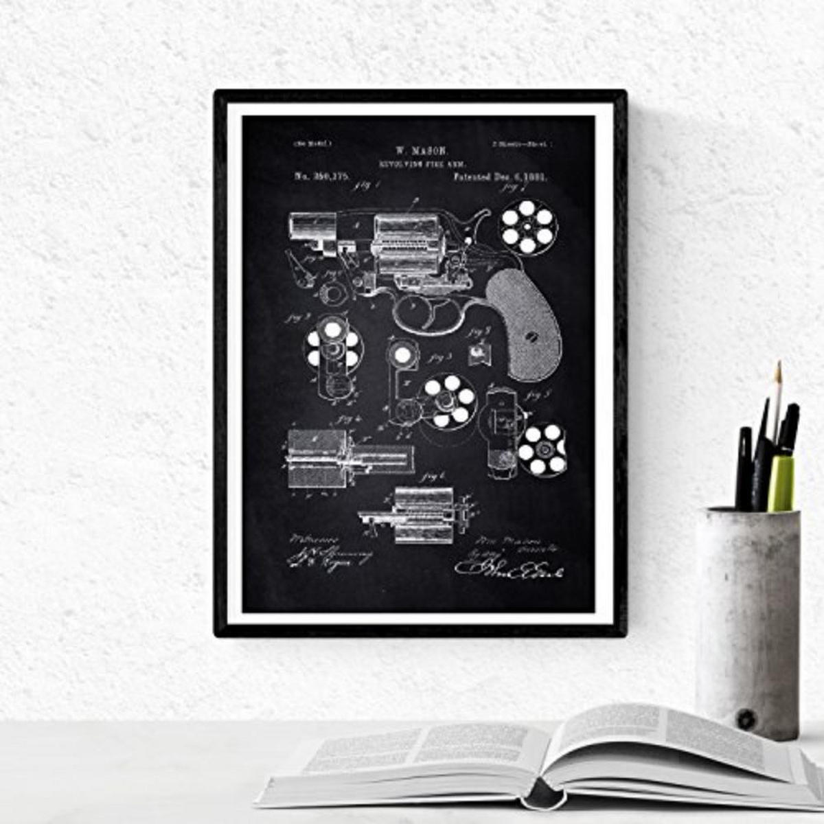 POSTER Set mit 4 Schwarz Waffen Patent A4 Schwarzer Rahmen - Schwarz, Papier (29.7/3cm) - Nacnic