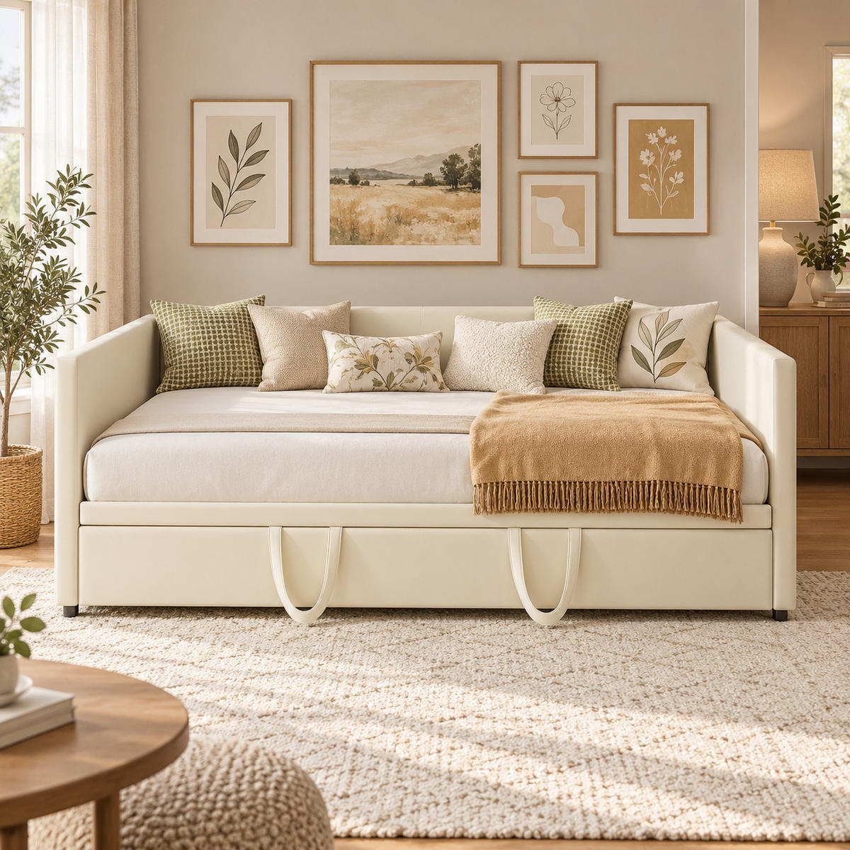 SCHLAFSOFA Samt creme ausziehbar mit Gästebett Funktion 3-fach umwandelbar Tagesbett mit Rollen - Beige, Metall (183/74/213cm) - Joyfair