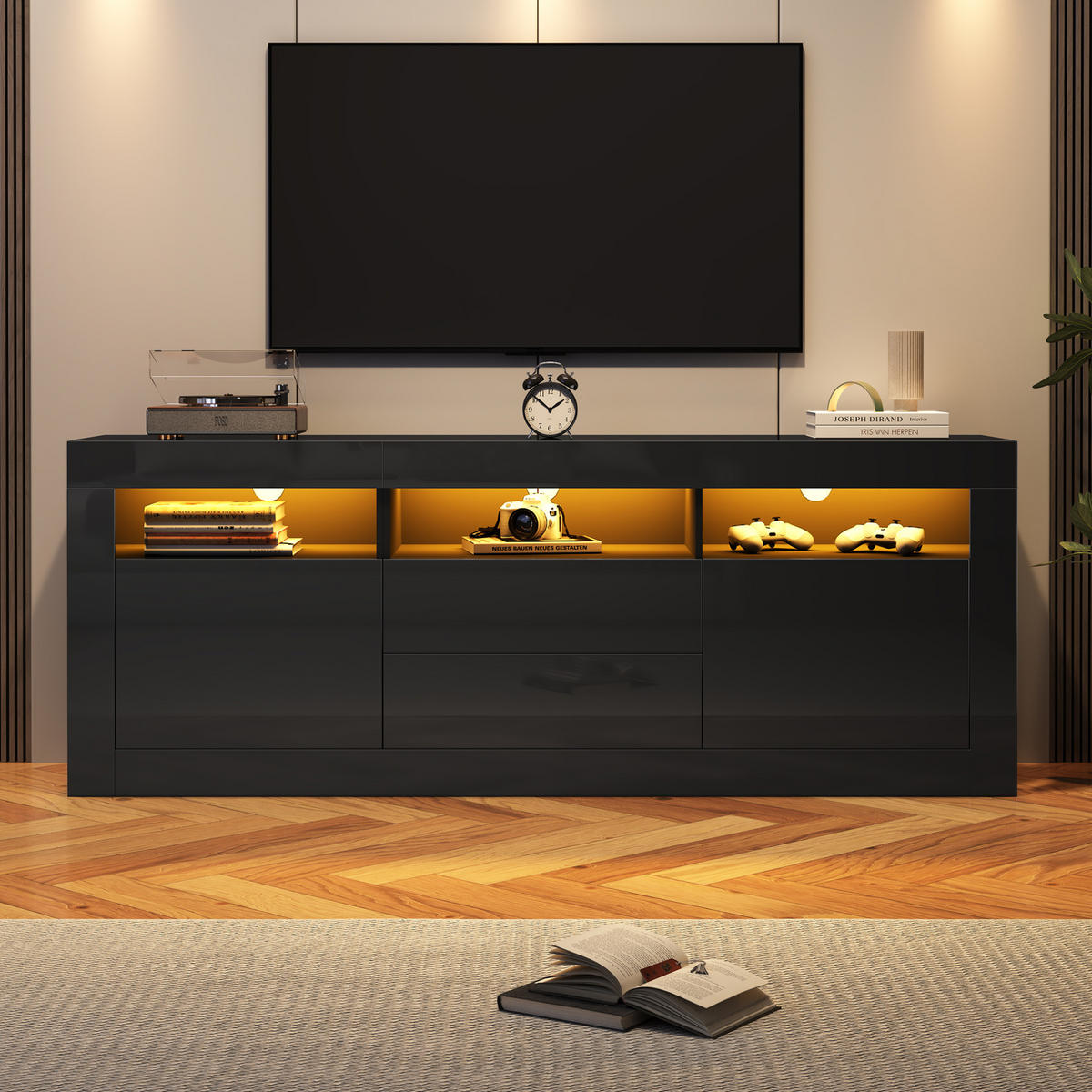 TV ormarić 160/35/60 cm crni od iverala s LED rasvjetom i push-to-open ladicama - crna, drvni materijal (160/60/35cm) - OKWISH