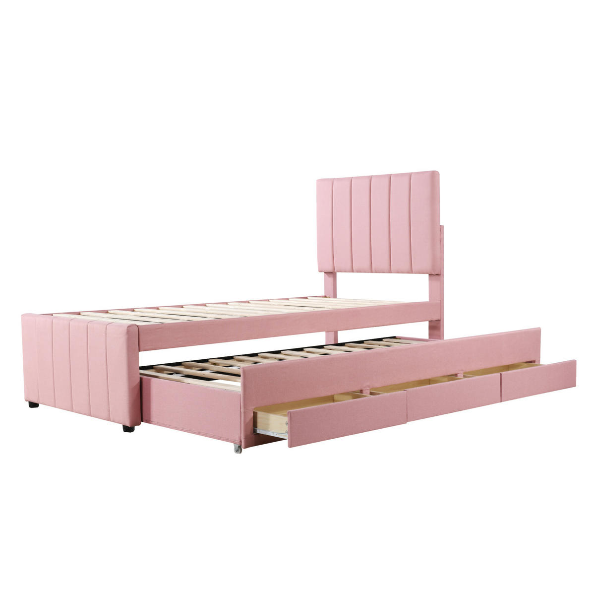 POLSTERBETT 90/200 cm aus Leinen mit Rollbett und 3 Schubladen Rosa - Pink, Textil (90/200cm) - Modenvie