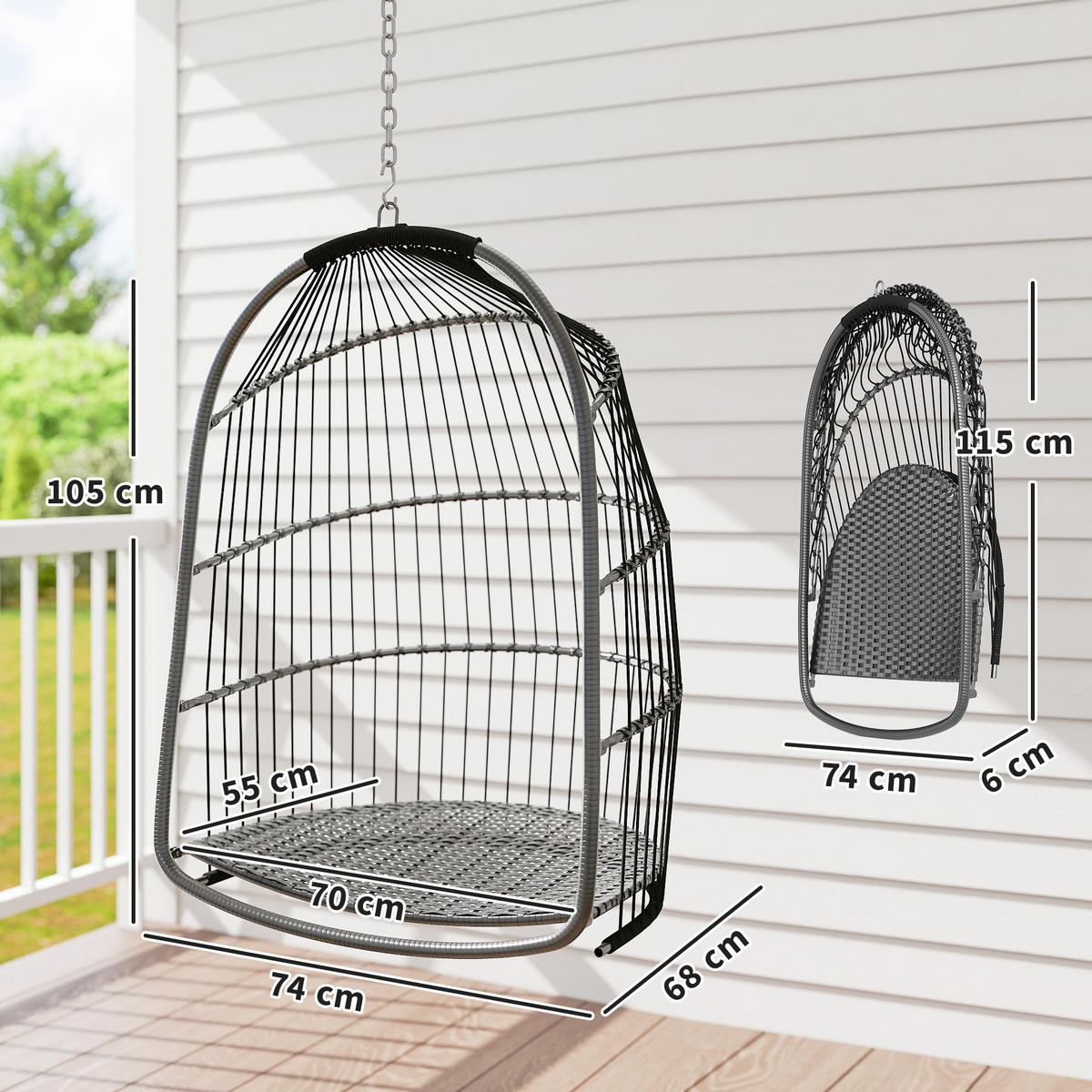 HÄNGESESSEL DE-06642 faltbar & mit Kissen Dunkelgrau - Dunkelgrau, Kunststoff/Metall (68/105/74cm) - ComfortXL