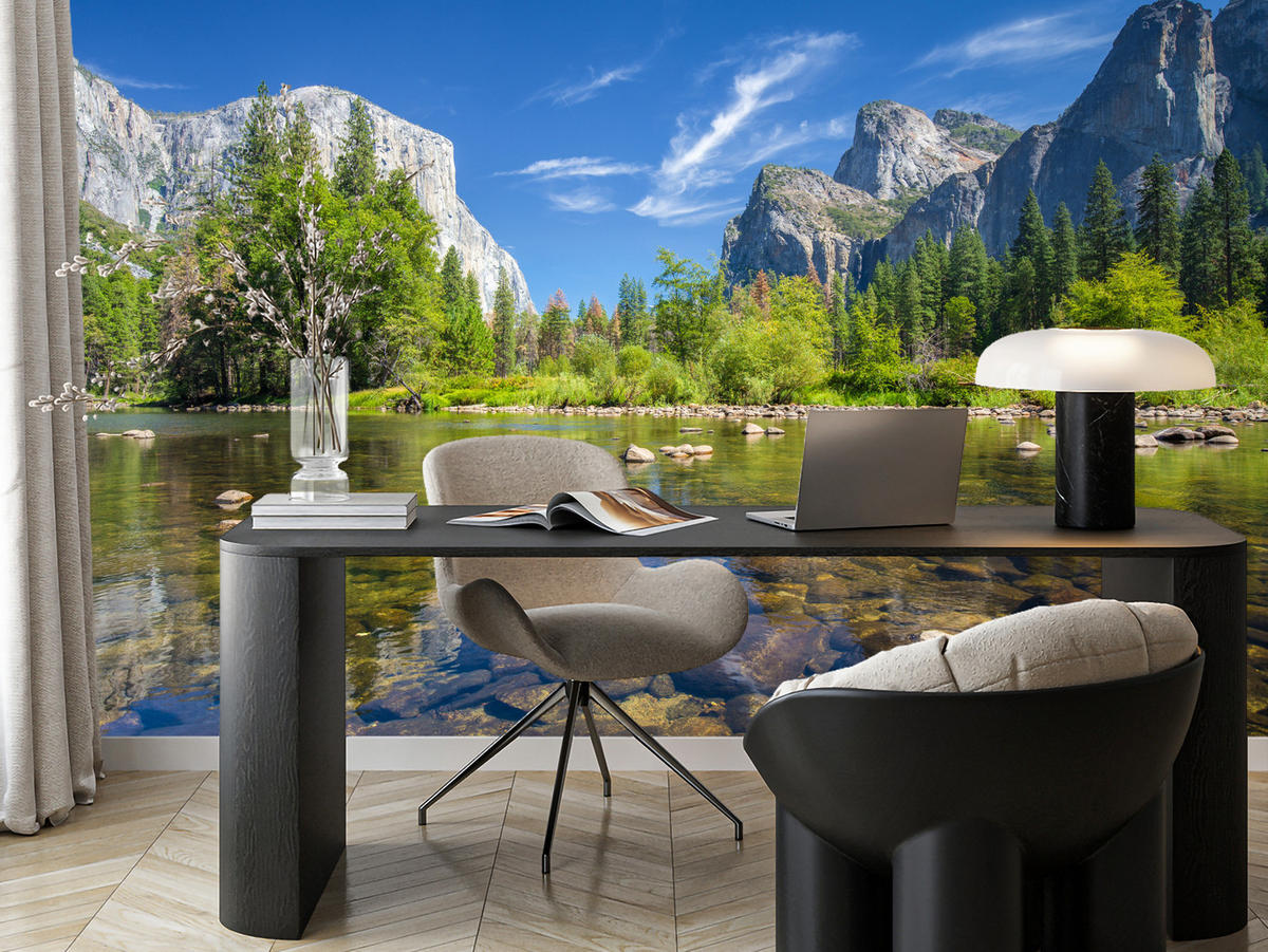 FOTOTAPETE für Wohnzimmer Yosemite Nationalpark Panorama Berge 350x256 - Blau/Beige, Papier (350/256cm) - Muralo