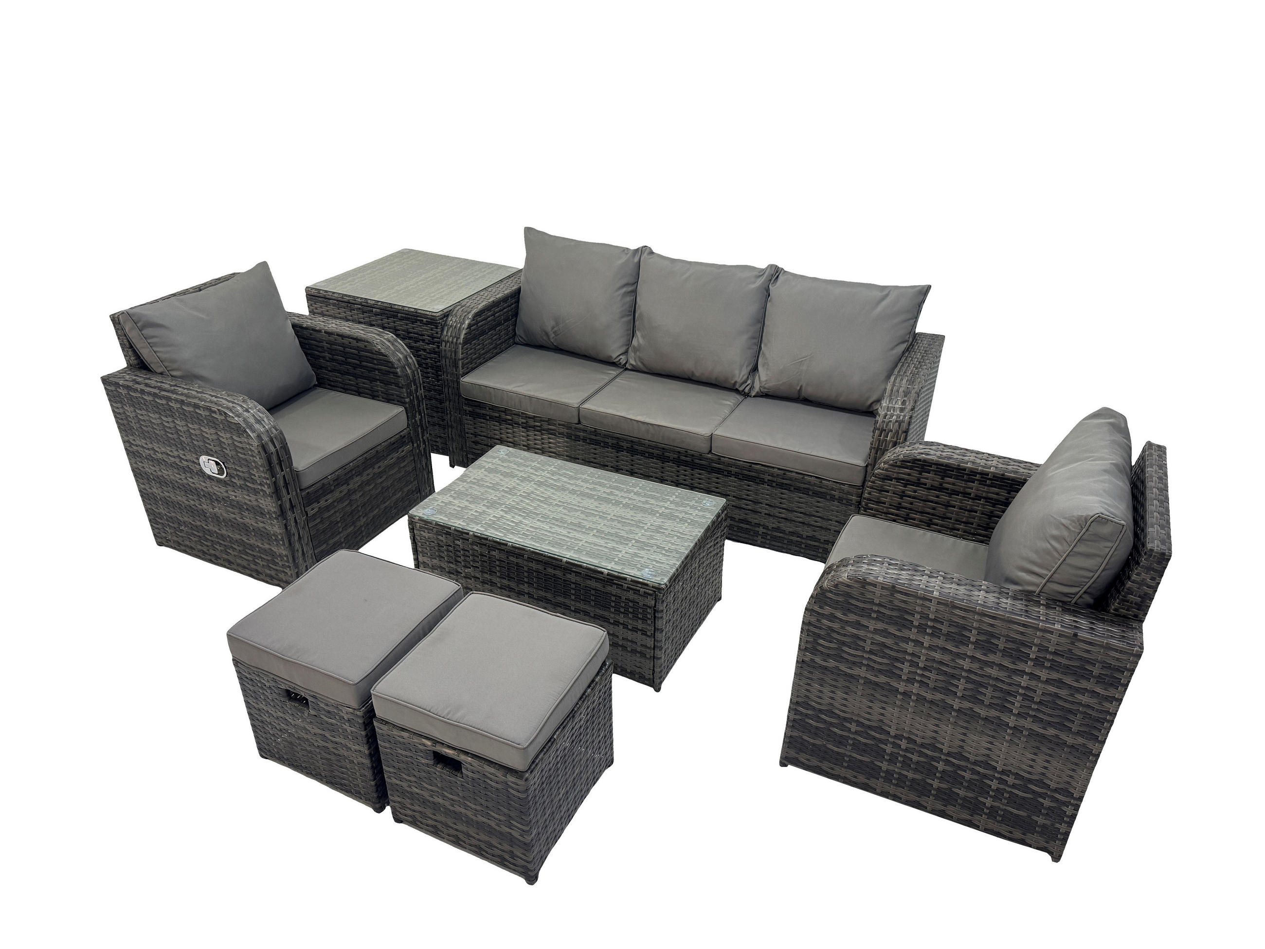 GARTENMÖBELSET mit Couchtisch Polyrattan 7-Sitzer - Dunkelgrau/Grau, Glas/Kunststoff - Fimous
