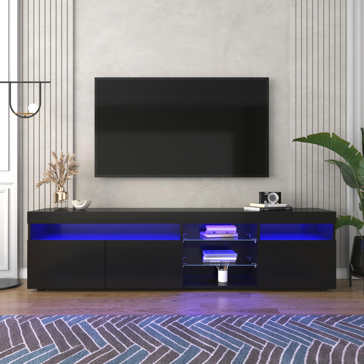 TV Lowboard LED, 3 Türen, 2 Glasregale, Schwarz - Schwarz, Holz (180/45/35cm)