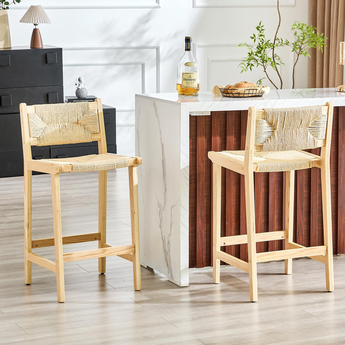BARHOCKER 2er-Set Natur aus Massivholz mit handgewebtem Seilgeflecht und Rückenlehne - Naturfarben, Holz (44/89/42cm) - PANGIVO