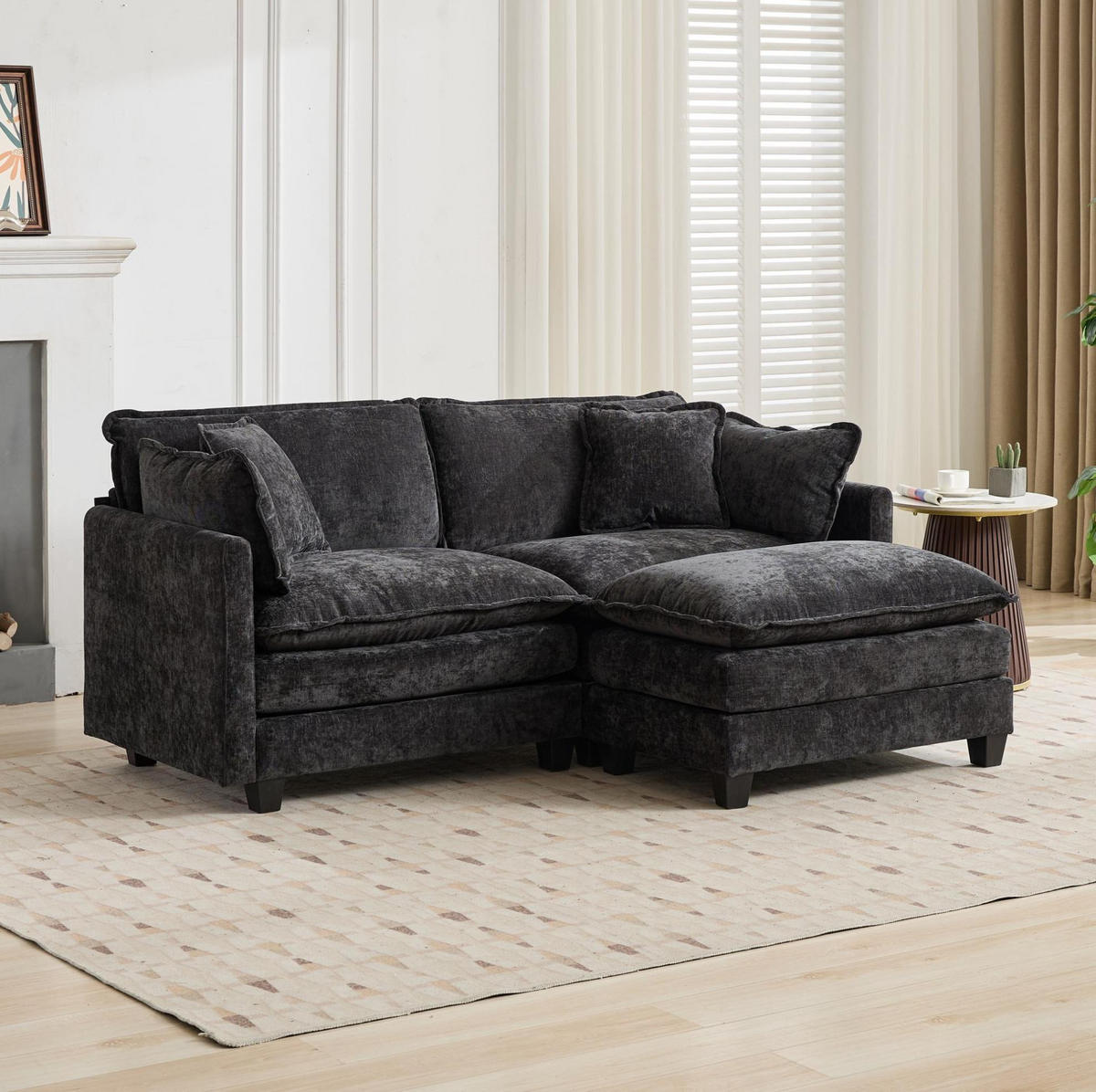 MODULSOFA flexibel kombinierbar Chenille Black - Schwarz, Holz (75/84/195cm) - Meubliv