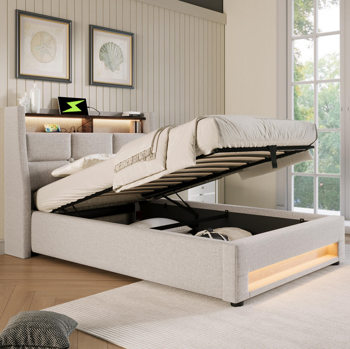 POLSTERBETT aus Leinen 90x200 cm in Beige mit LED & USB - Beige, Textil (90/200cm) - Modfu
