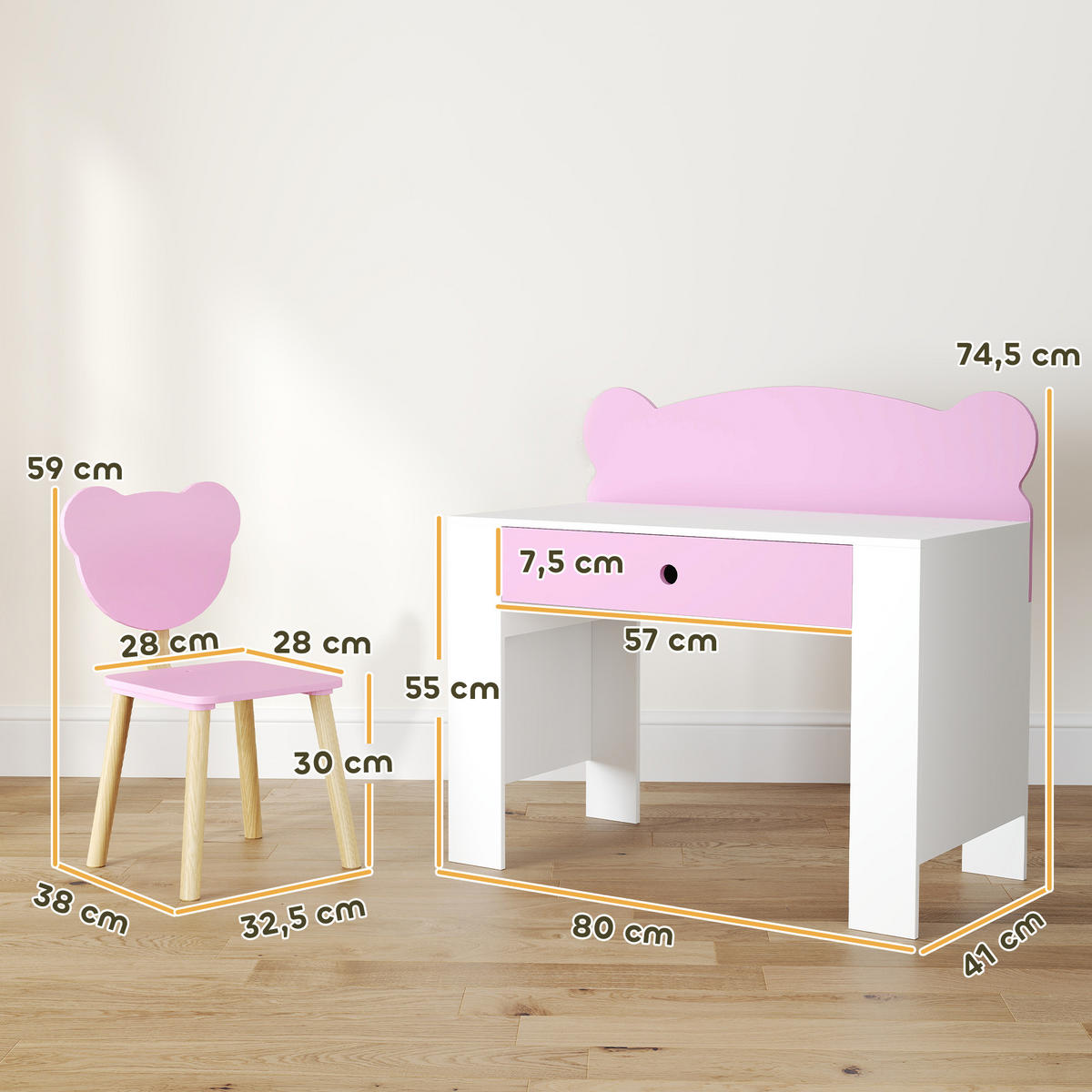 KINDERSCHREIBTISCH Set mit Tischplatte & Schublade Kinder Schreibtisch und Stuhl - Rosa, Holz (41/74.5/80cm) - AIYAPLAY
