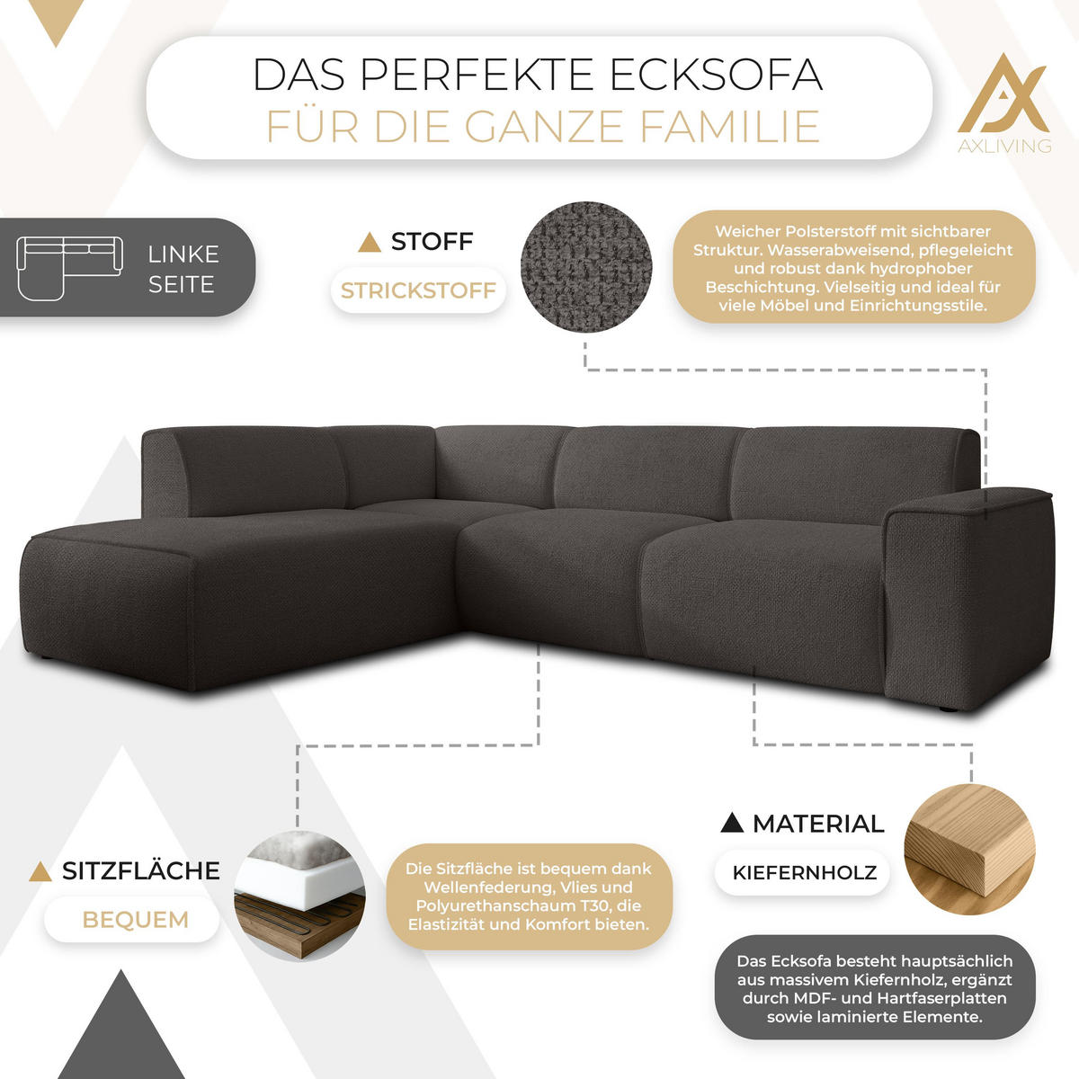 ECKSOFA L Form Didim Grau 292/220/78 cm – großes Sofa stilvoll & bequem L - Schwarz/Grau, Kunststoff/Textil (220/292cm) - AX Living