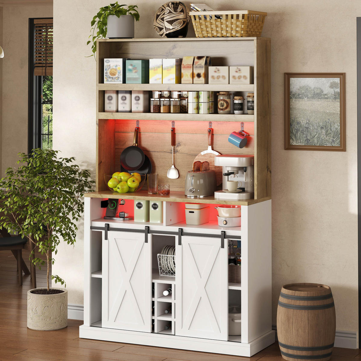 BUFFET 191 cm MDF Natur Weiß mit RGB-LED, USB-Anschluss und Weinregal - Weiß, Holzwerkstoff (40/191/110cm) - Korfee
